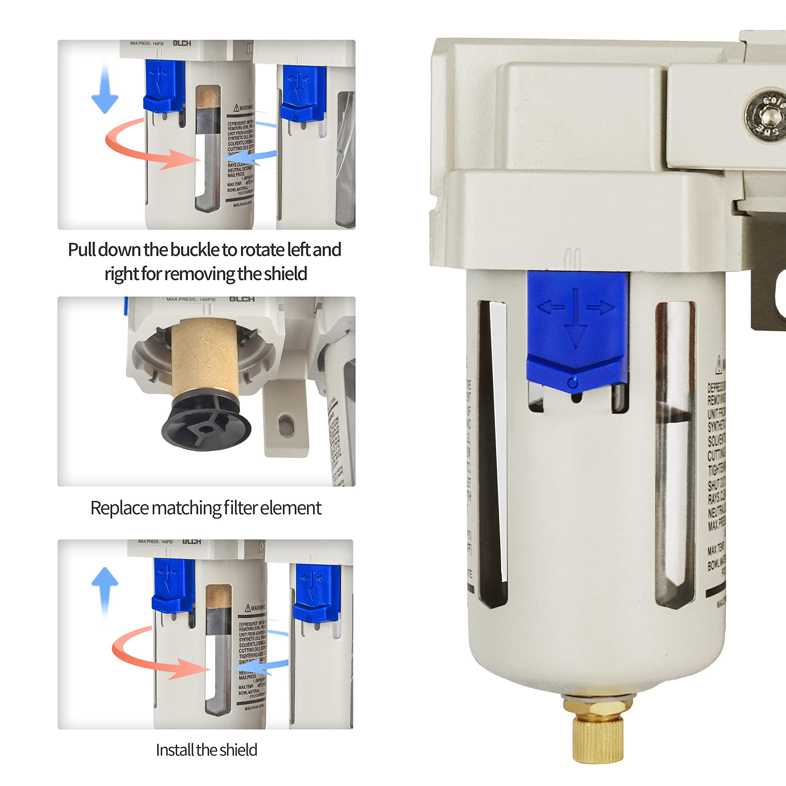 BLCH 3/8" BSP Kompressorfilter - 2-Stufiger Drucklufttrockner mit Regler AC3000-03 mit Halbautomatischem Ablass, PC-Behälter und Messing-Manometer (0-160 PSI/11 Bar)