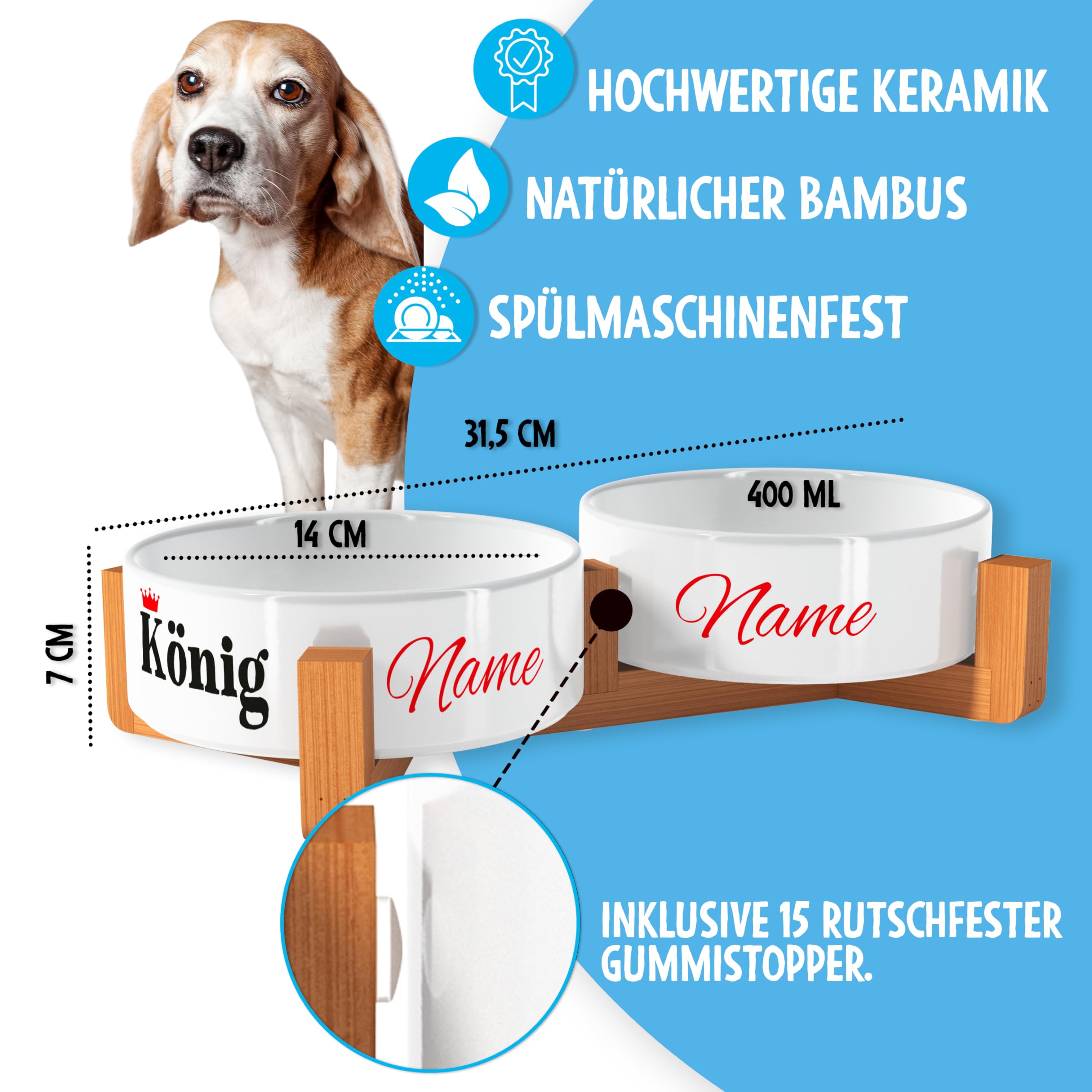 OWLBOOK Personalisierter Hundenapf – Doppelnapf Aus Keramik Mit Bambus-Gestell, 300 Ml, Mit Pfotenabdruck