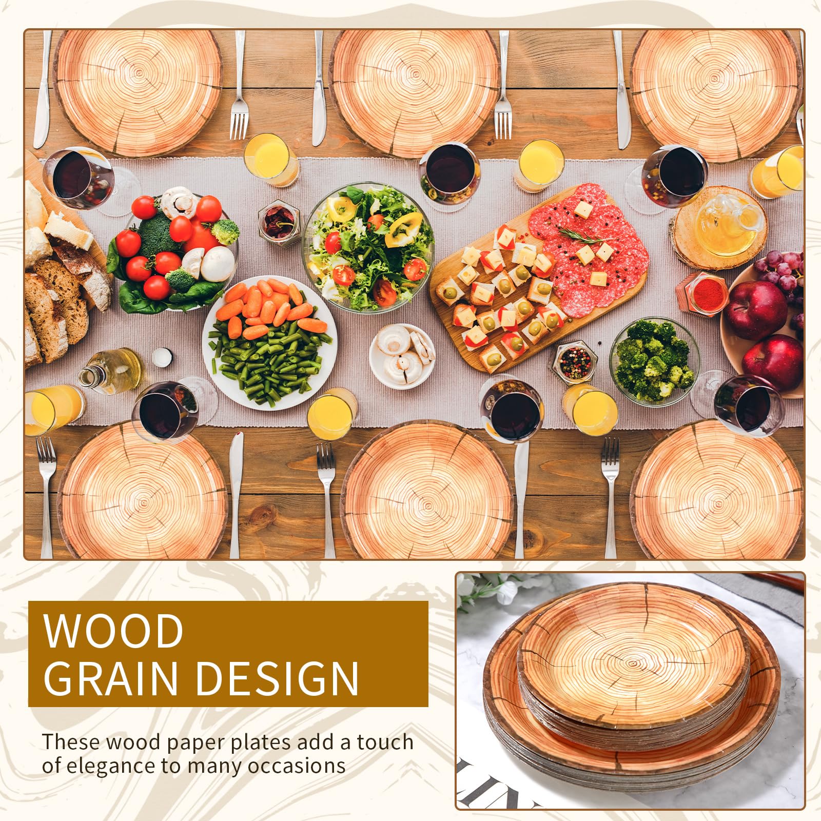 Tioncy 50 Stück Holzmaserung Pappteller 17,8 cm 22,9 cm rustikale Holzscheibenteller Bauernhaus rund Einweg-Speiseteller für Woodland Baby Shower Holzfäller Geburtstag Party Supplies