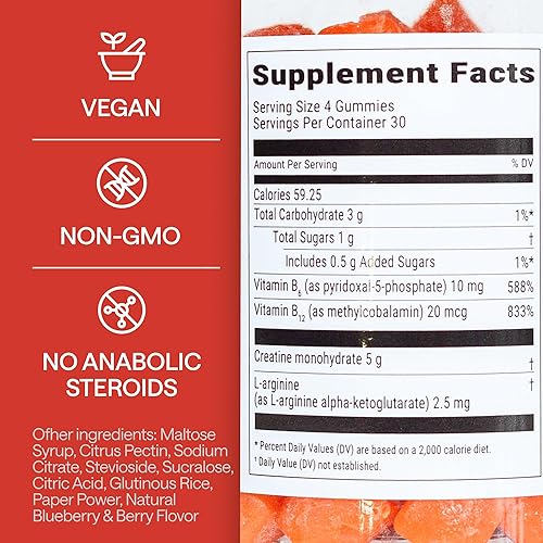 Miniatura 2 de Gomitas de monohidrato de creatina 0.18 oz  5X energía con B12, B6 y L-Arginina  Construye músculo y fuerza  Suplemento de gimnasio  Creatina