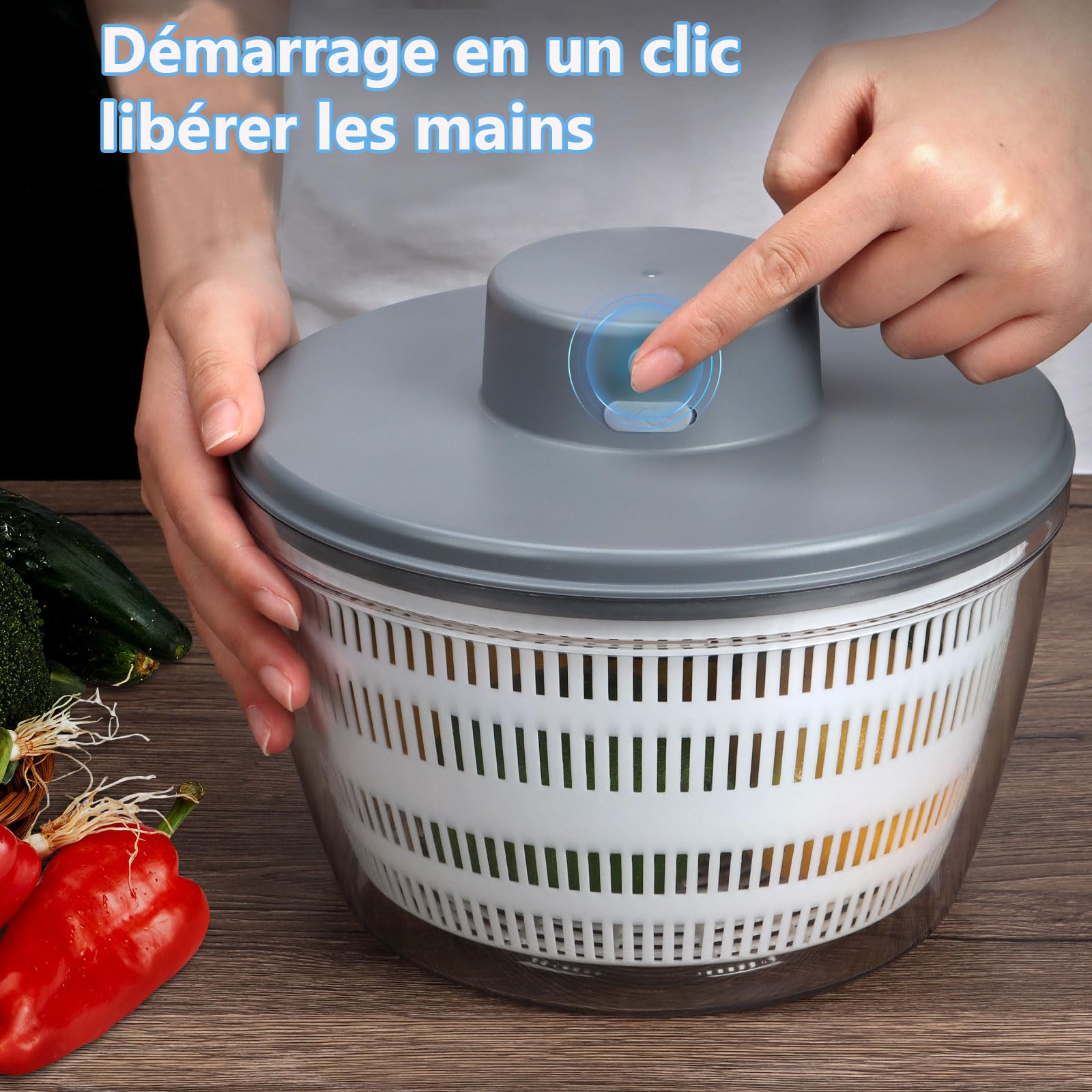 Essoreuse à Salade électrique, 4000 ML Grande Capacité Essoreuse à Salade Automatique, Déshydrateur pour Fruits et légumes avec Couvercle, séchage Rapide, Rechargeable par USB mixeur Salade