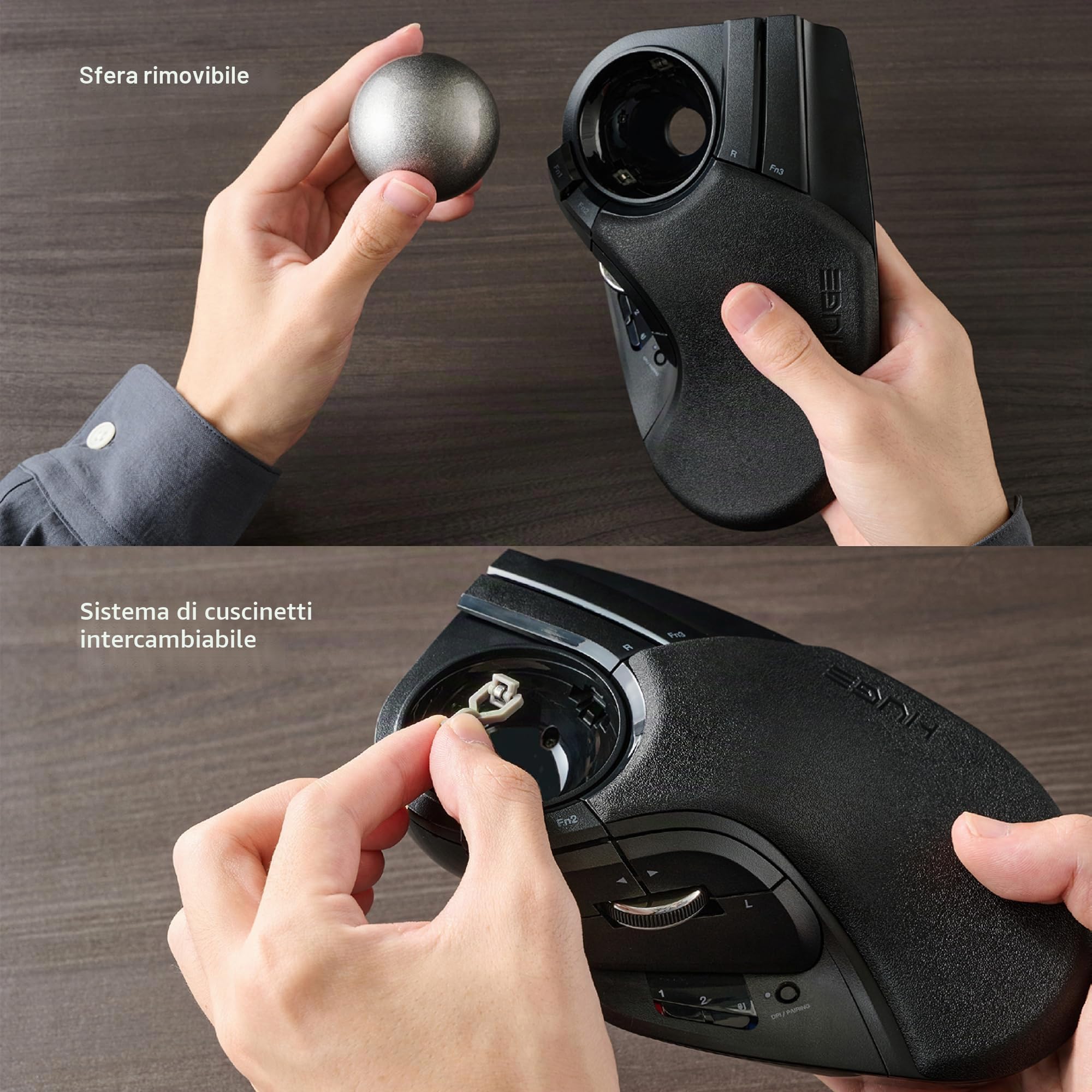 ELECOM Huge Plus - Mouse trackball wireless, ergonomico, palla grande da 52 mm, multi-connessione, Bluetooth, 2,4 GHz, Wireless, cablato, 10 pulsanti programmabili, ricaricabile, clic silenziosi, per