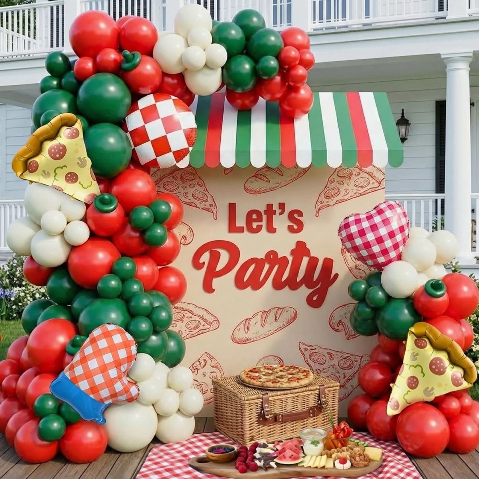 Pizza-Party-Dekorationsset mit roten, dunkelgrünen, weißen Latex-Ballonbögen, Pizza-karierten Ballons für Partygeschenke, Grillpartys, Picknicks, Geburtstagsparty-Dekorationen, Scheiben, Babyparty