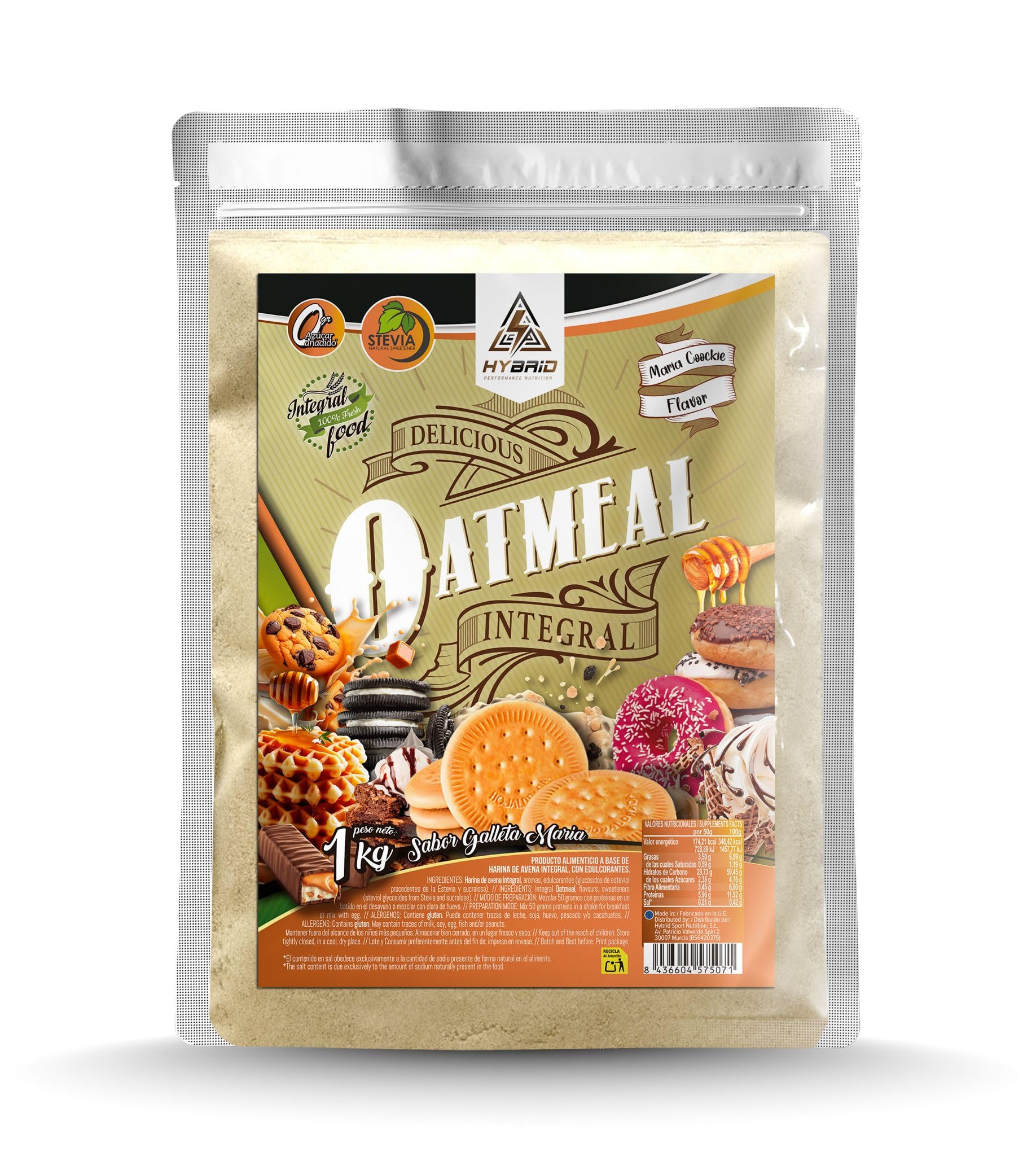 Harina de Avena Integral 100% – Hybrid Sport Nutrition - Fuente de Fibra y Energía 1 kg - Sin Azúcares Añadidos (1 Kg, Galleta María)