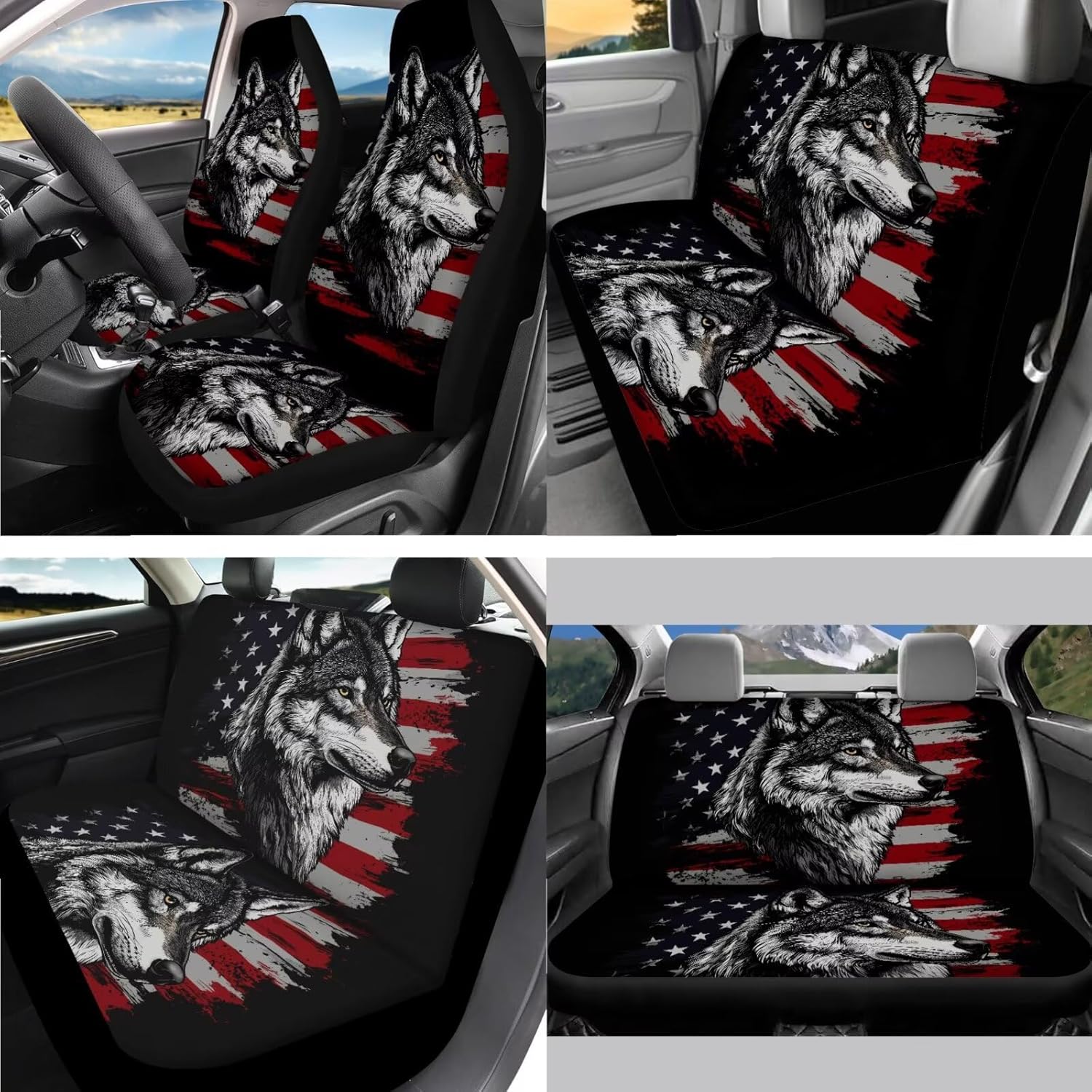Wolf American Flag Printed 15 Pcs Car Seat Cover Full Set, Stretchy Auto Accessory Set Front Rear Seat Protector Steering Wheel Cover Seat Belt Pads Keychain