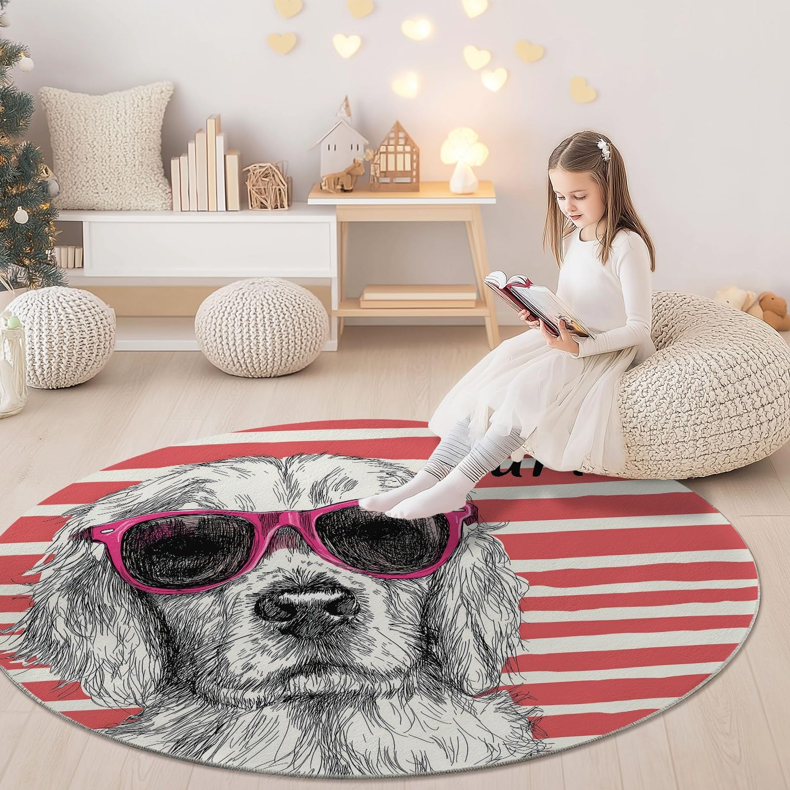 Generisch Teppich Rund Hundestreifenmuster 160 cm rutschfest Waschbar, Weicher Handgezeichneter Stil Runder Teppich für Kinderzimmer Babyzimmer Wohnzimmer Schlafzimmer Flur Innenbereich, Rosa
