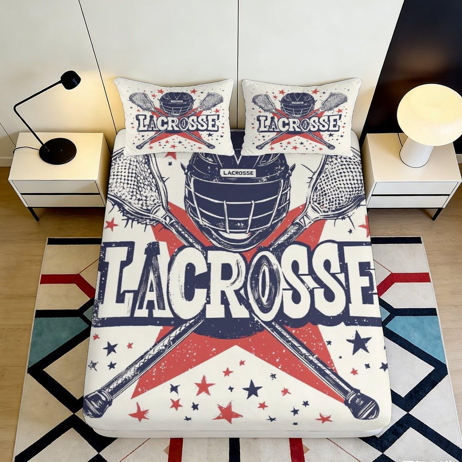 3D Printed Lacrosse Fitted Sheet Microfiber Deep Pocket Non-Slip Lacrosse Mattress Fitted Cover For Bedroom Adult Teen 200x200x25cm 90x200x25cm