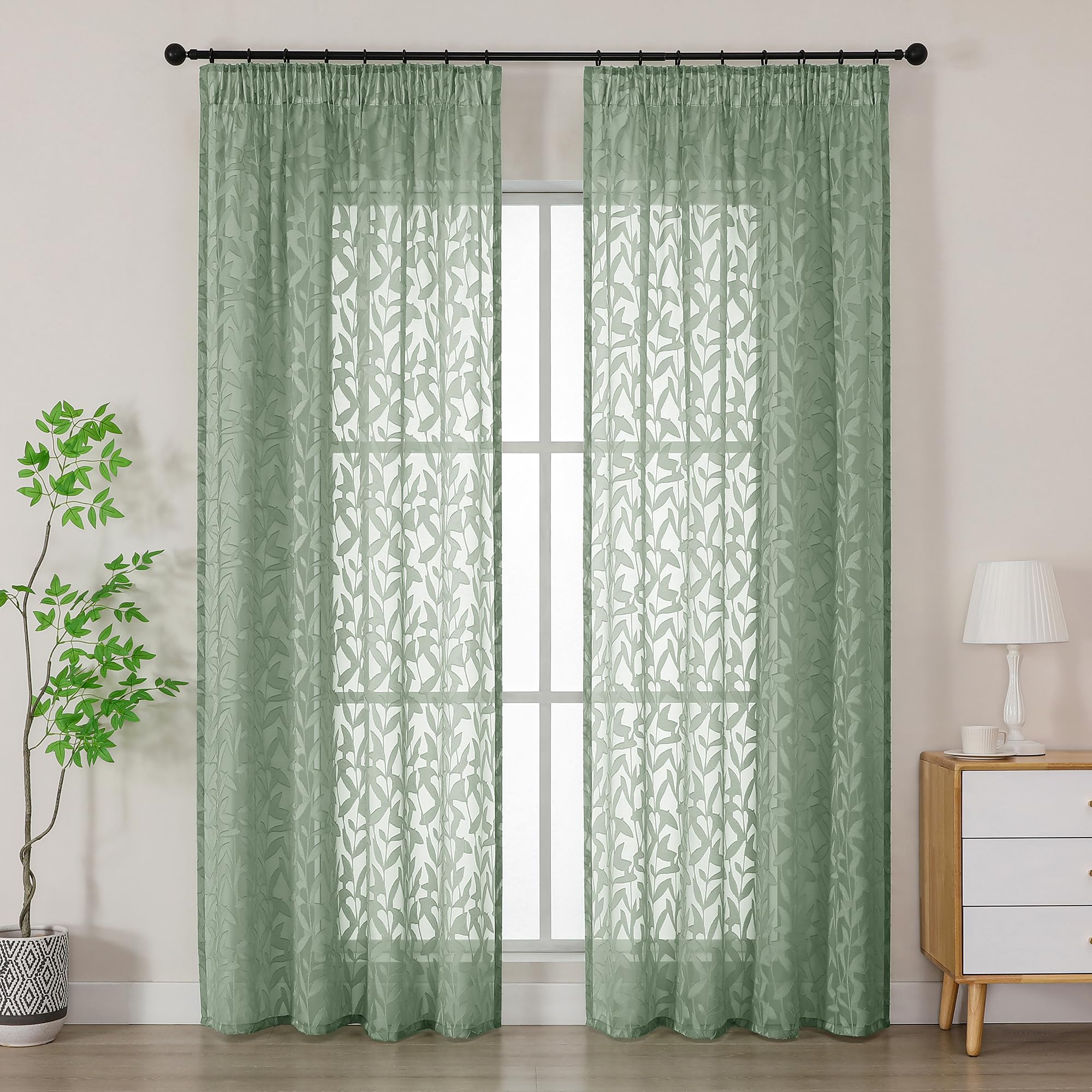 Simplebrand Sage Green Textured Sheer Curtains 2 Panels W140 x L220cm, Leaf Clip Jacquard Voile Curtains, Pencil Pleat Semi-Sheer Window Drapes for Tall Windows Living Room Bedroom Home Decor