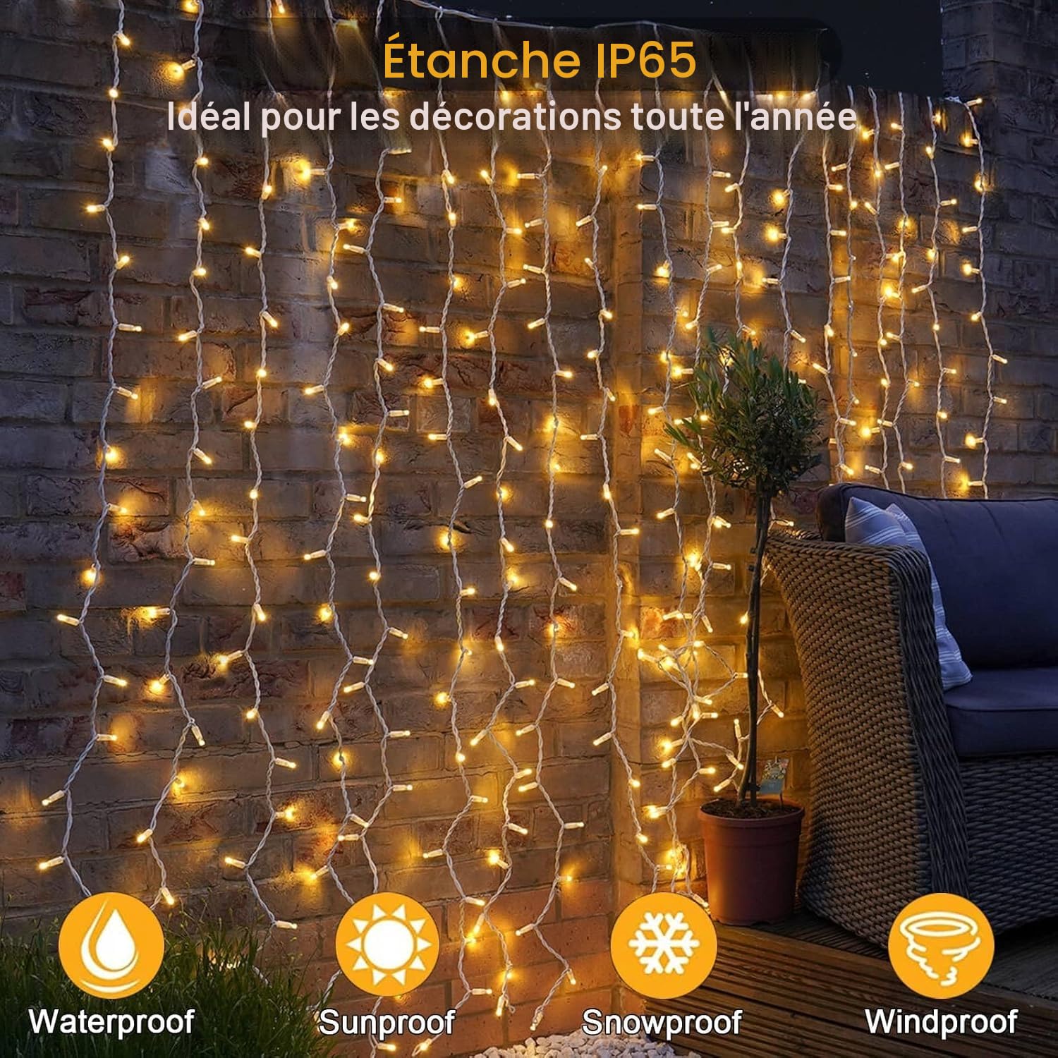 yowin Rideau Lumineux 6m x 3m 600 LED Guirlande Lumineuse Extérieur et Intérieur avec Transformateur, Étanche 8 Modes & Timer Rideau LED Décoration Mariage, Fête, Jardin, Pergola - Blanc Chaud