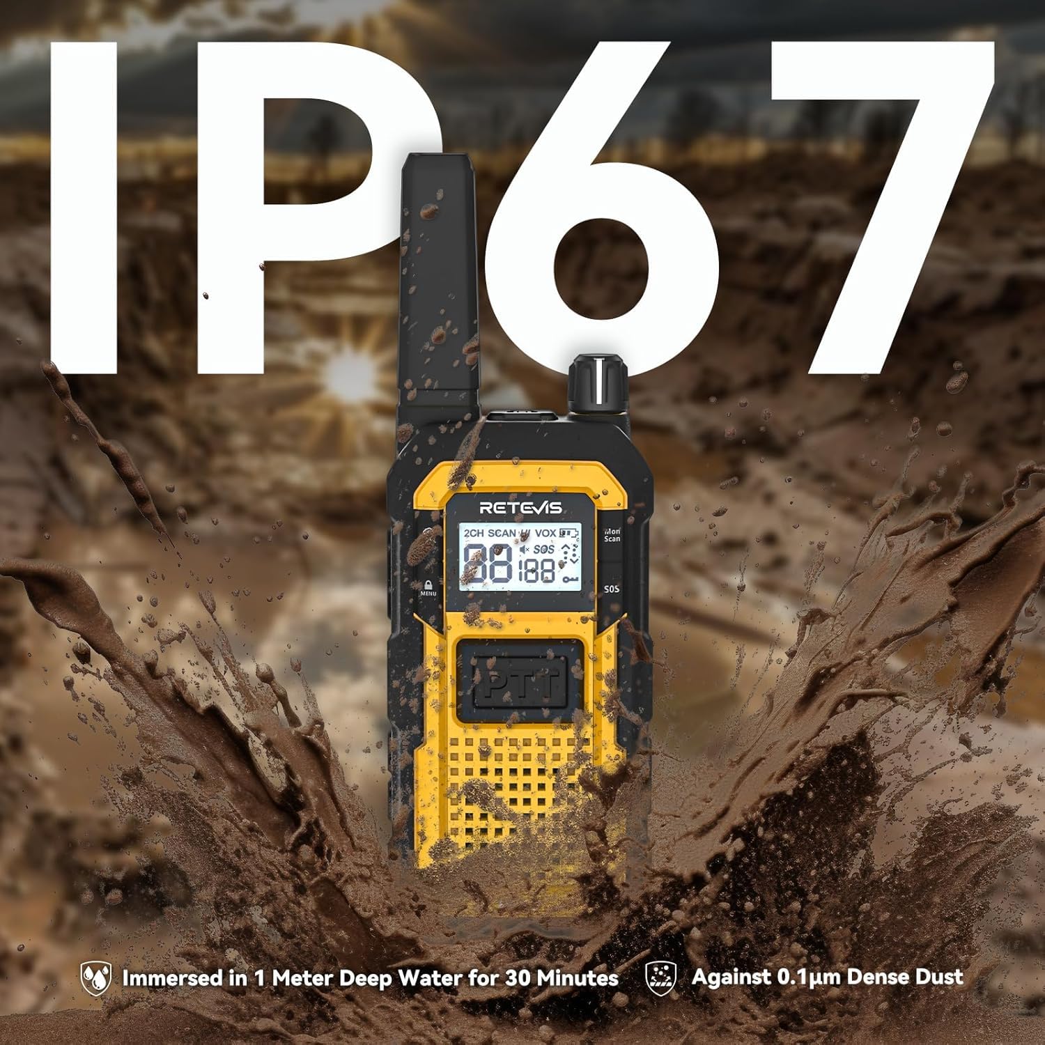 Retevis RB648 Walkie Talkie Robusto, Radio Bidirezionale Impermeabile IP67 | Antipolvere, Resistente alle Cadute, SOS Vibrazione PMR Walkie-Talkie per Ambienti Industriali Difficili(10 Pezzi, Giallo)