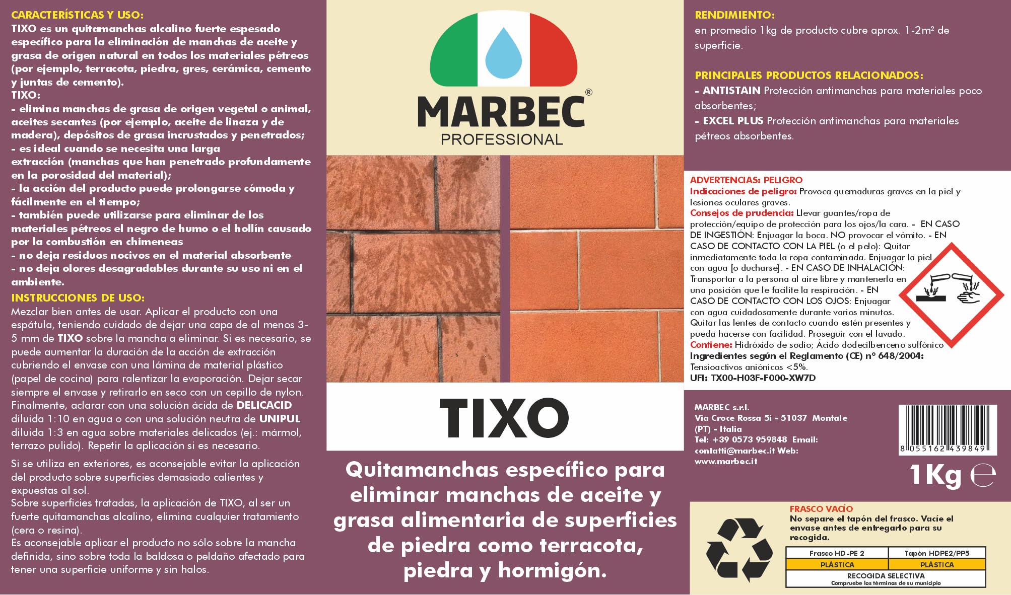 MARBEC TIXO 1KGX6PZ Quitamanchas específico para eliminar manchas de aceite y grasa alimentaria de los suelos (barro, piedra, mármol, hormigón, etc.).
