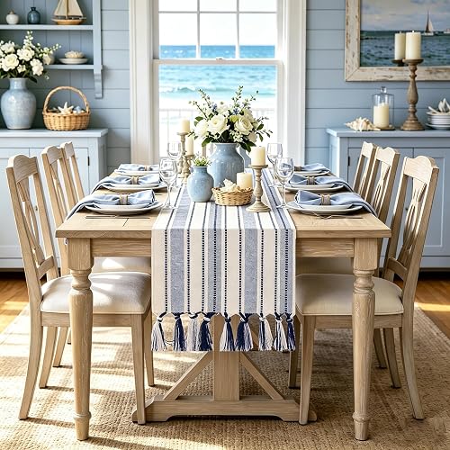 Blue and White Table Runner 48 Inches Long, Navy Blue