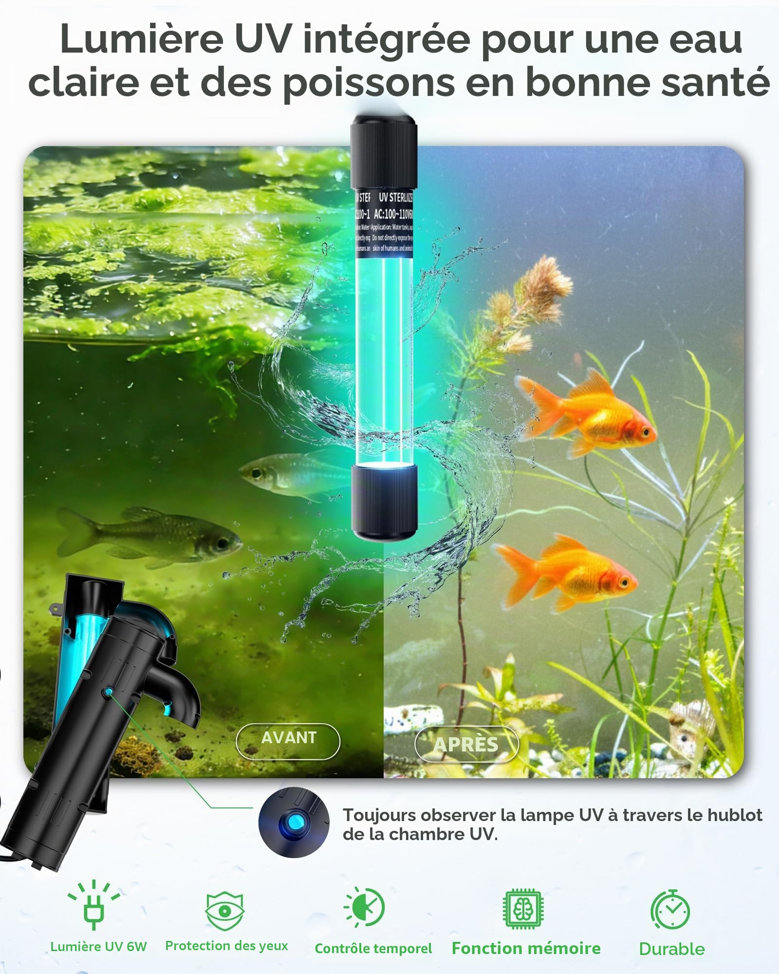 POPOSOAP Filtre pour bassin avec clarifiant UV, 2500 l/h Pompe et ensemble de filtres avec lumières LED RGB, Fontaine de bassin tout-en-un pour bassins extérieurs jusqu’à 6000 litres