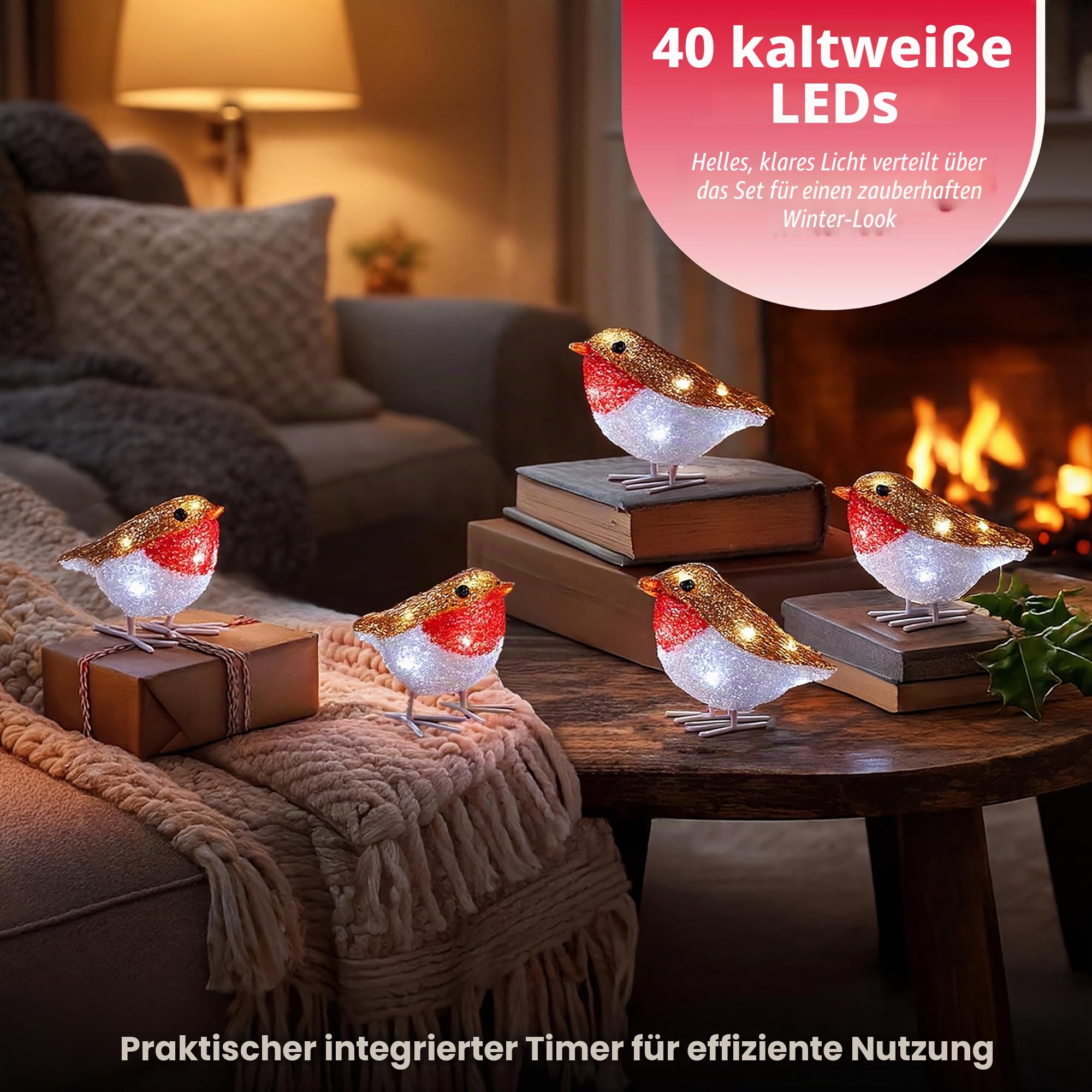 Marco Paul LED-Lichterkette mit Rotkehlchen-Motiv, batteriebetrieben, mit Auto-Timer, für Innen- und Außenbereich, festliche Weihnachtsvogel-Ornamente, saisonale Heimdekoration, 5 Stück