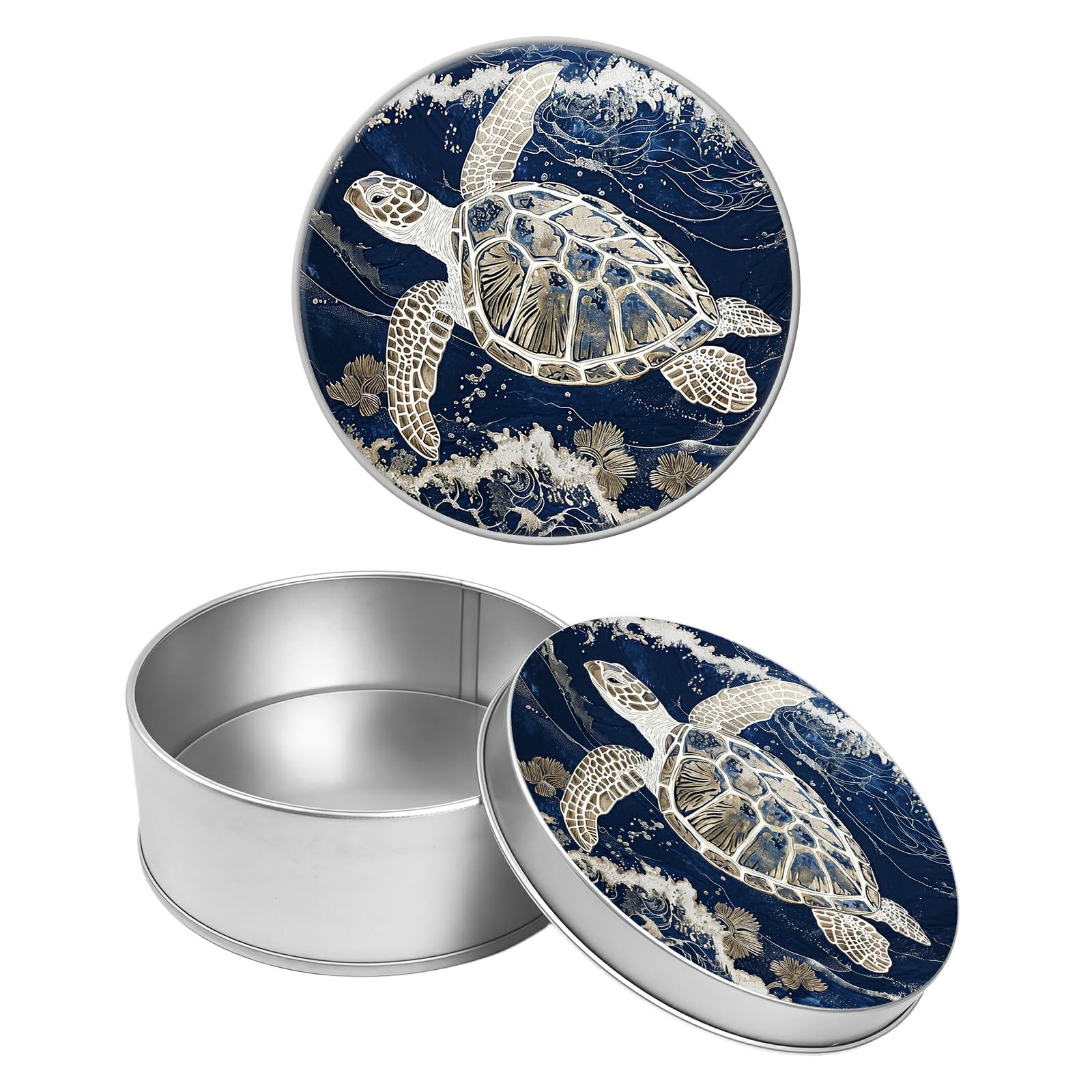 Round Metal Tin Container with Removable Lid, Retro Seaturtle Durable Metal Storage Box for Crafts Snacks Candies Office Supplies Small Items 3.54 x 1.38 inch– Single Pack