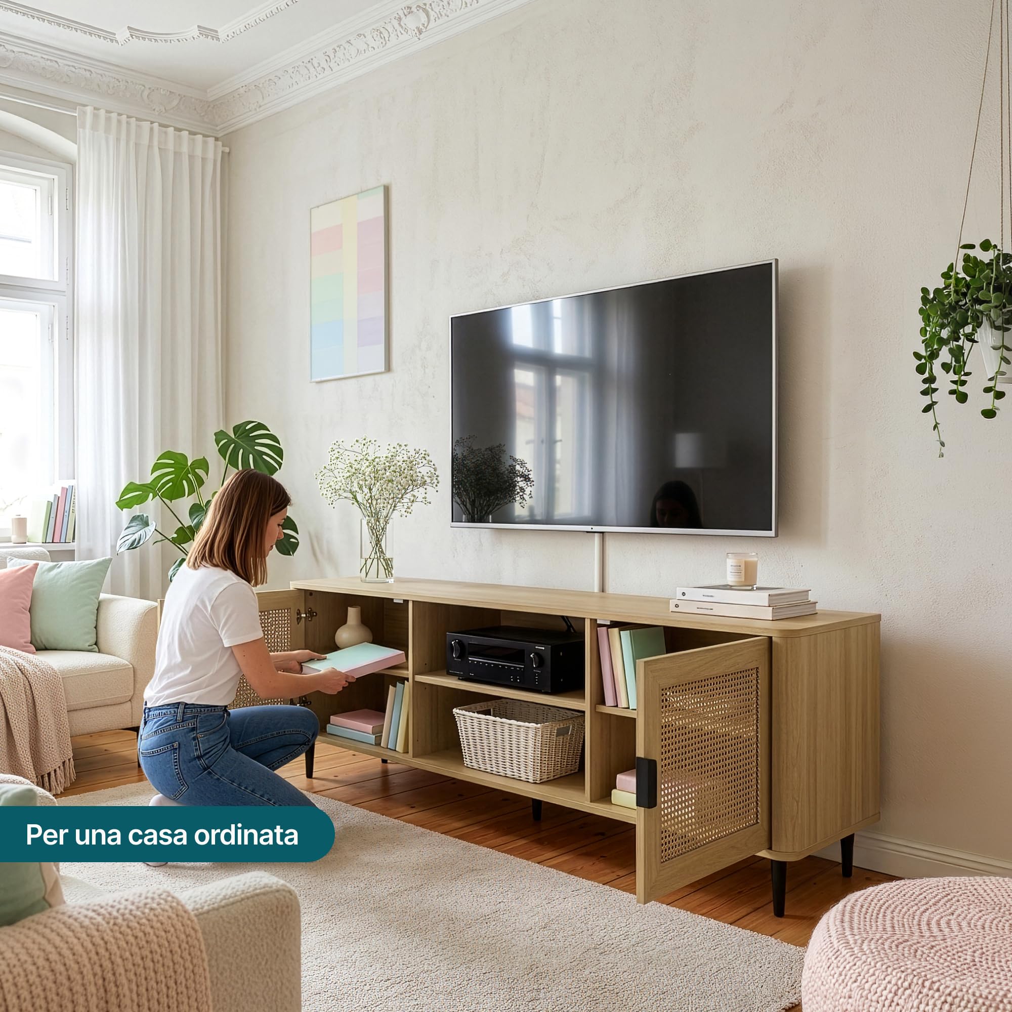 [en.casa] Mobile TV con Ante Inserto Effetto Rattan e Scomparti Aperti Porta Televisore con Fori Passacavi Stand Multimediale per Zona Living 152x40x54 cm Effetto Rovere