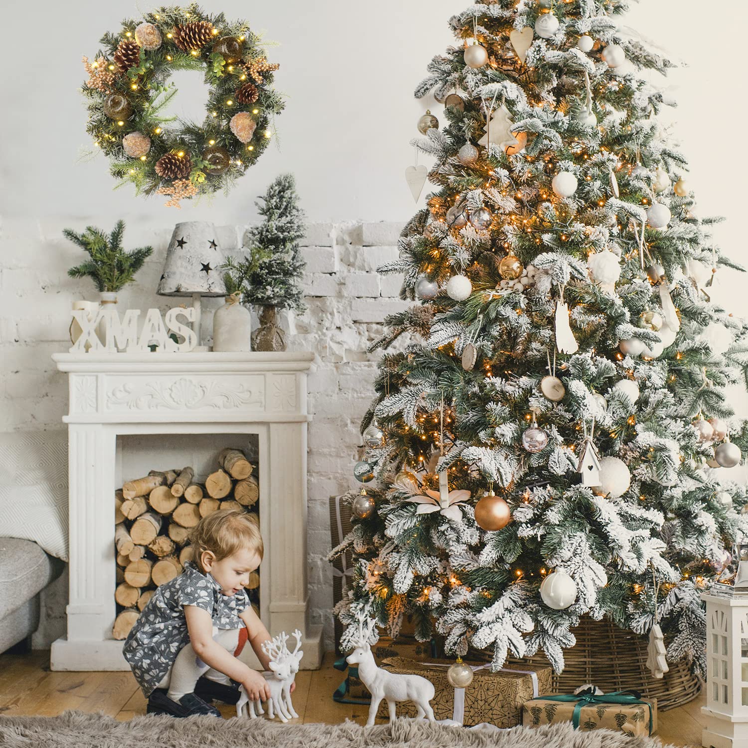 Oairse Grande couronne de Noël artificielle de 51 cm pour porte d'entrée avec 30 lumières LED, poire, pommes de pin et baies, couronnes de porte de Noël pour décorations de Noël, décoration de Noël