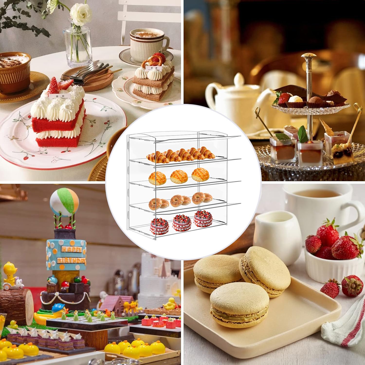 Vitrina acrílica para panadería, vitrina de pasteles, gabinete de pan transparente de 4 niveles, soporte acrílico para pan, galletas, donut, cupcakes para fiestas, eventos, tiendas, 49 x 23 x 50 cm