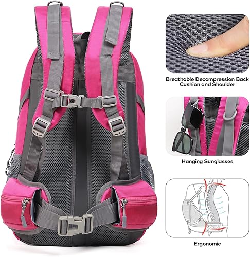 Miniatura 4 de Mochila de senderismo para acampar de 40 litros, mochila de viaje ligera con cubierta para lluvia para mujeres y hombres (rosa)