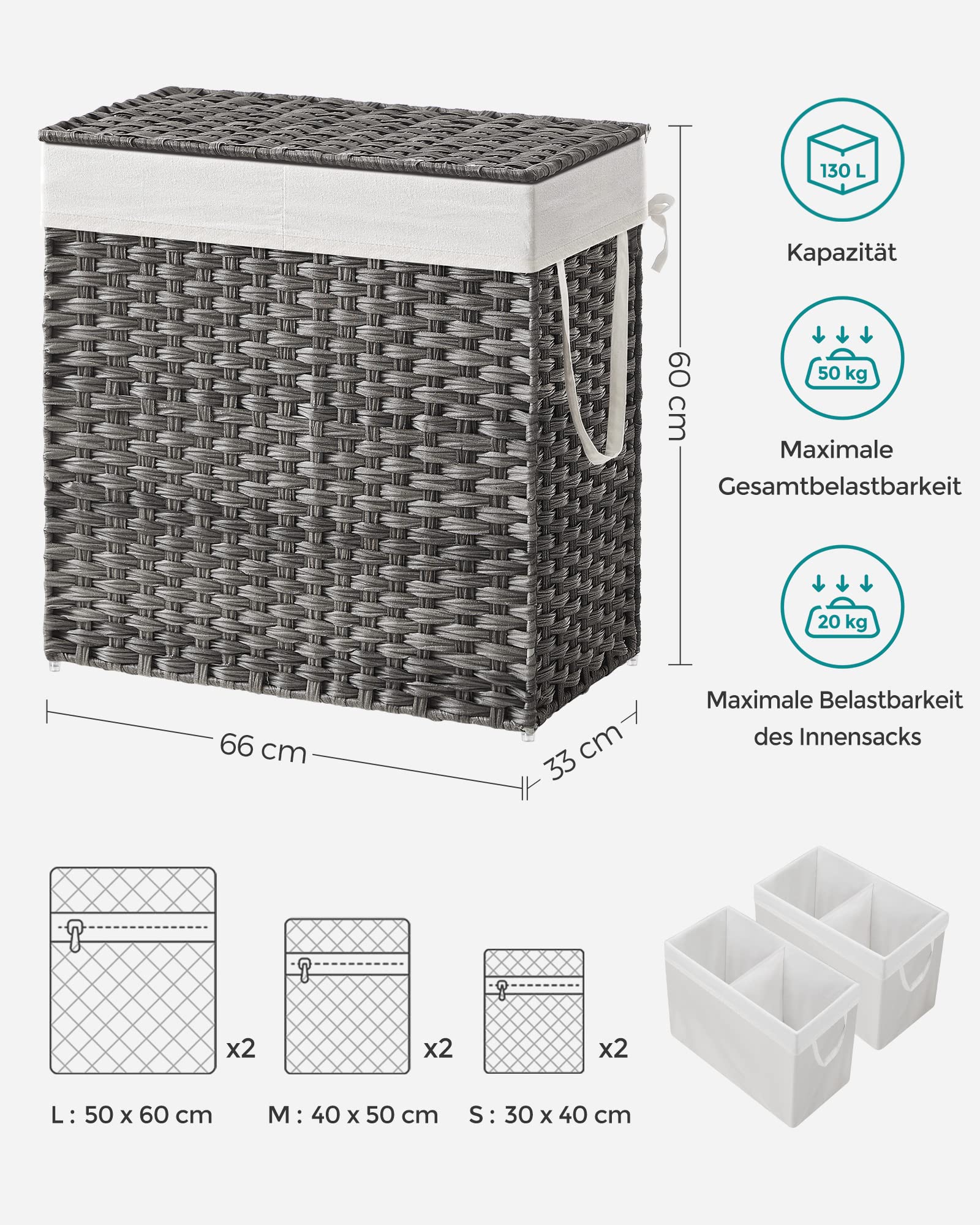SONGMICS Wäschekorb mit Deckel, 130 Liter, 2 Fächer, handgeflochten | Wäschesammler, 33 x 66 x 60 cm, herausnehmbarer Wäschesack mit Griffen, grau, ELIOTT Kollektion LCB253G01