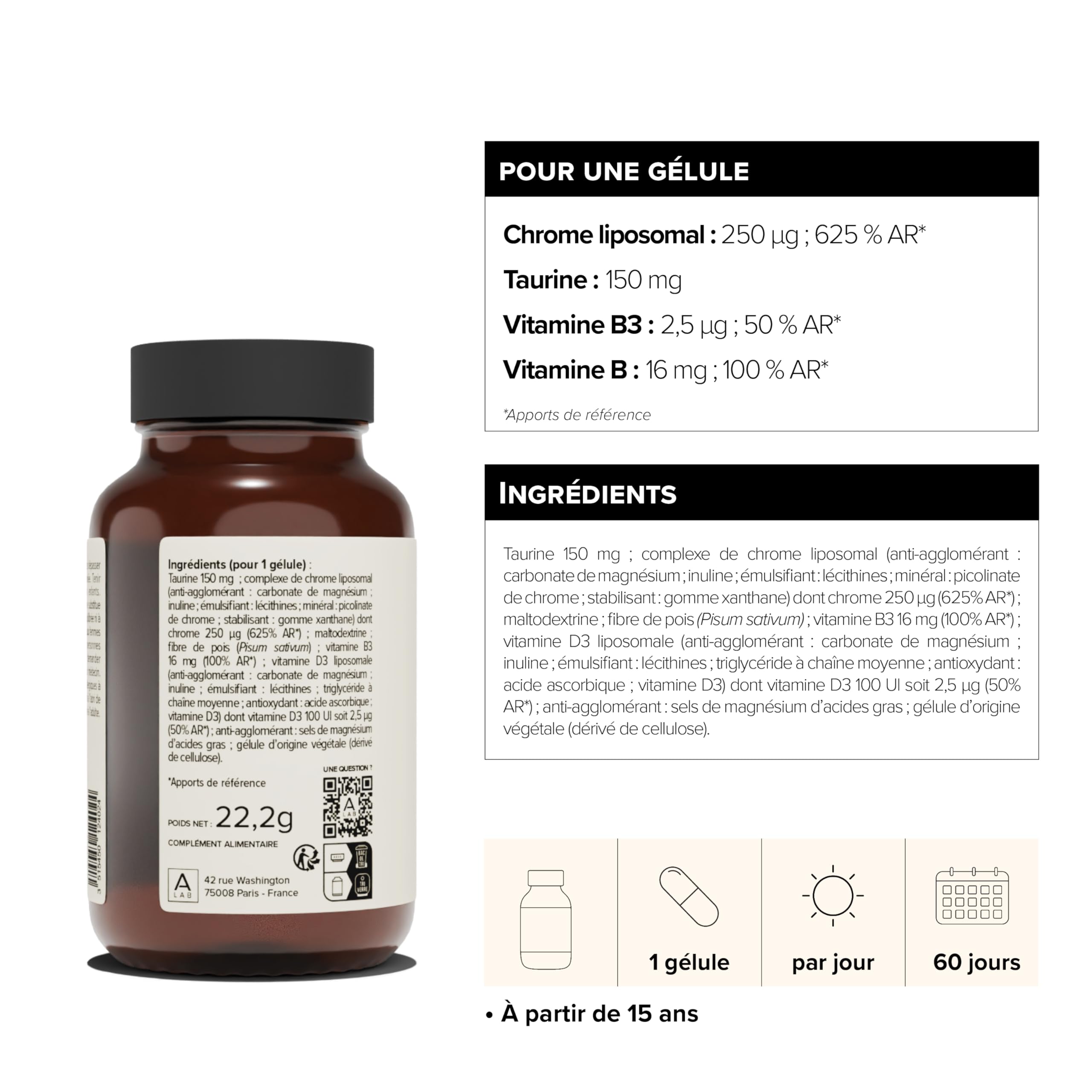 A-LAB Chrome Liposomal 250 µg - Régule La Glycémie, Coupe Faim - Avec Taurine, Vitamine D3 et B3 - Assimilation Renforcée - 60 Jours