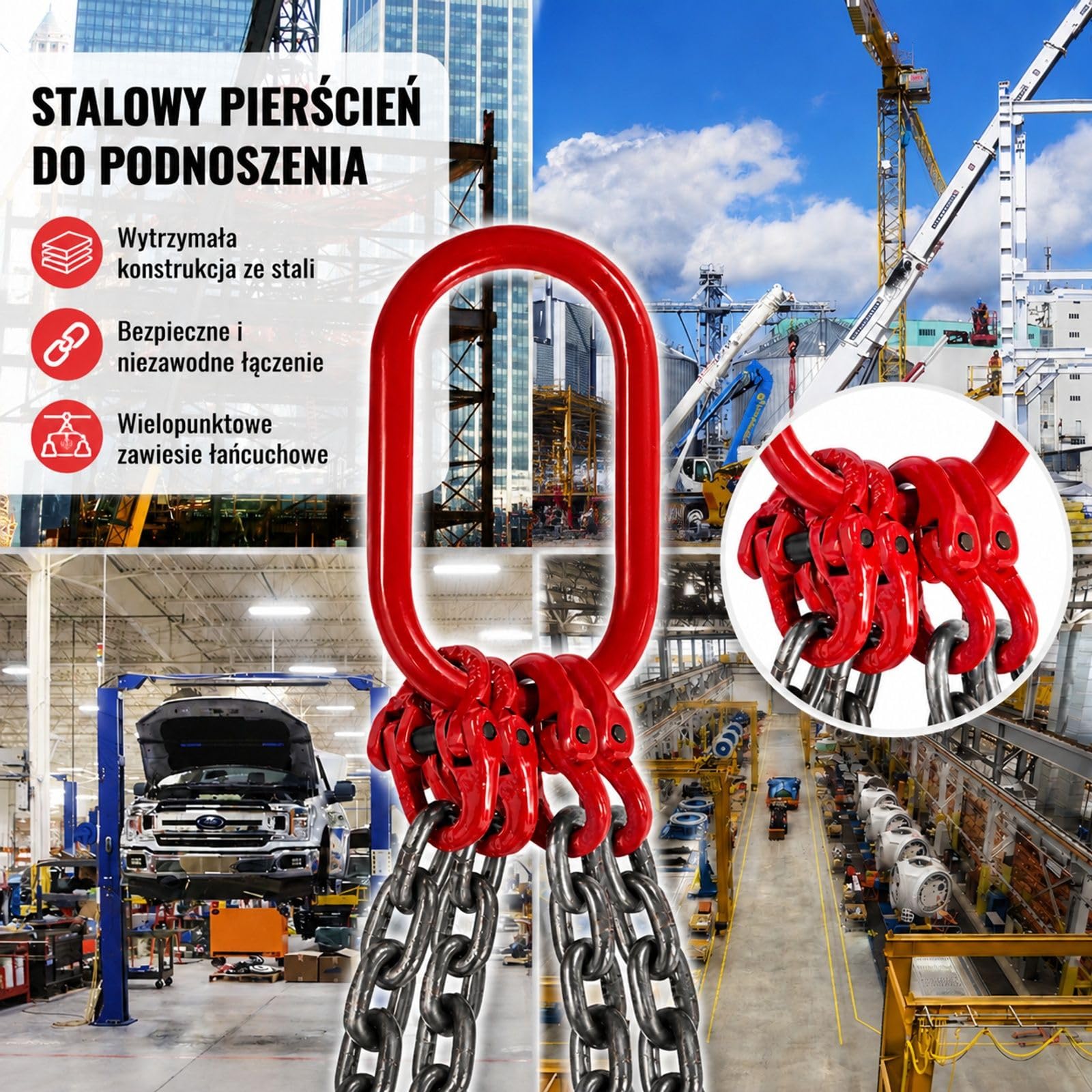 Czterocięgnowe zawiesie łańcuchowe ze stali stopowej z 4 czerwonymi hakami, do warsztatu, portu i budowy
