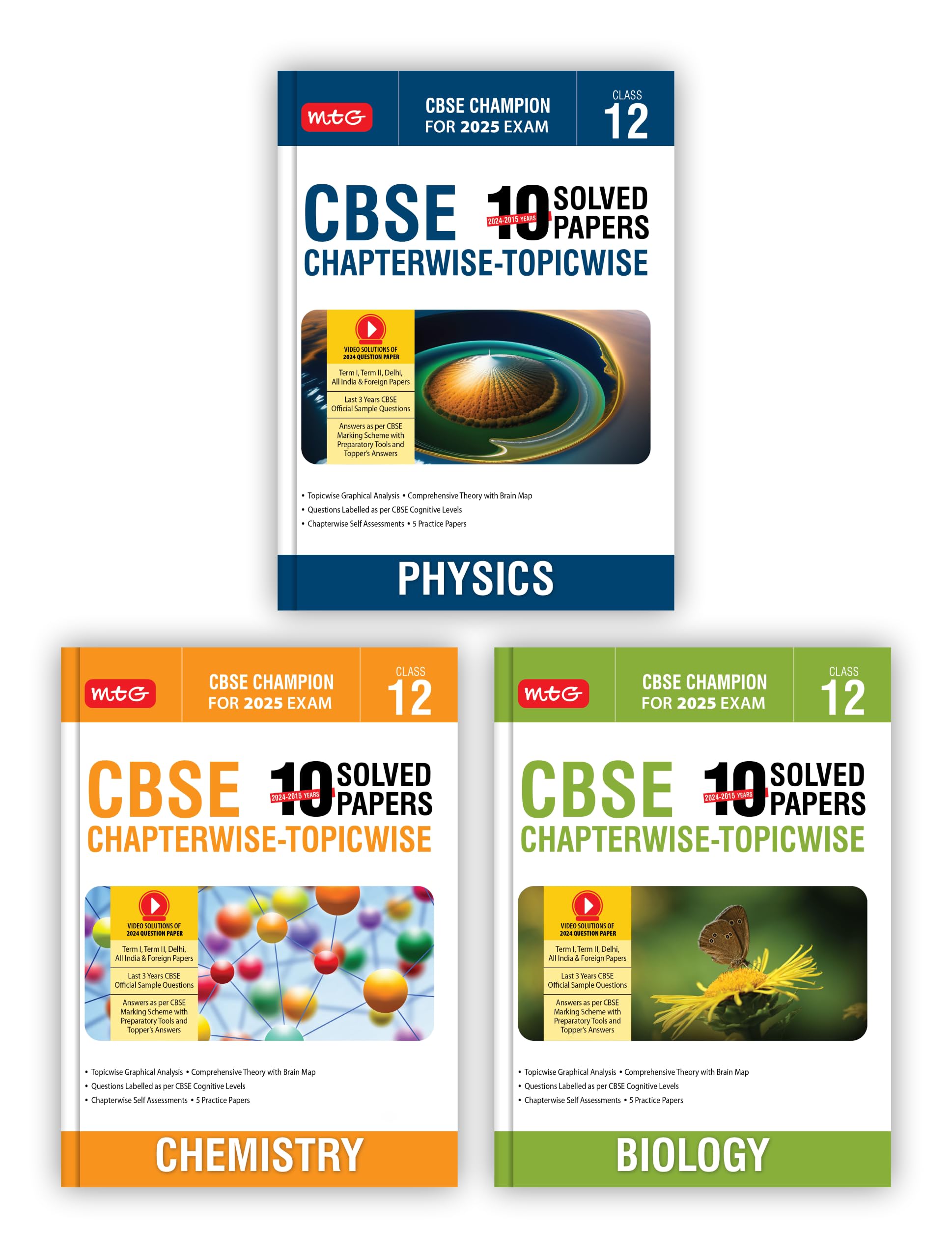 MTG CBSE 10 Years (2024-2015) Chapterwise Topicwise Solved Papers With Question Bank Class 12 Physics, Chemistry, Biology (Set of 3 Books) - CBSE Champion For 2025 Exam | Video Solution of PYQs