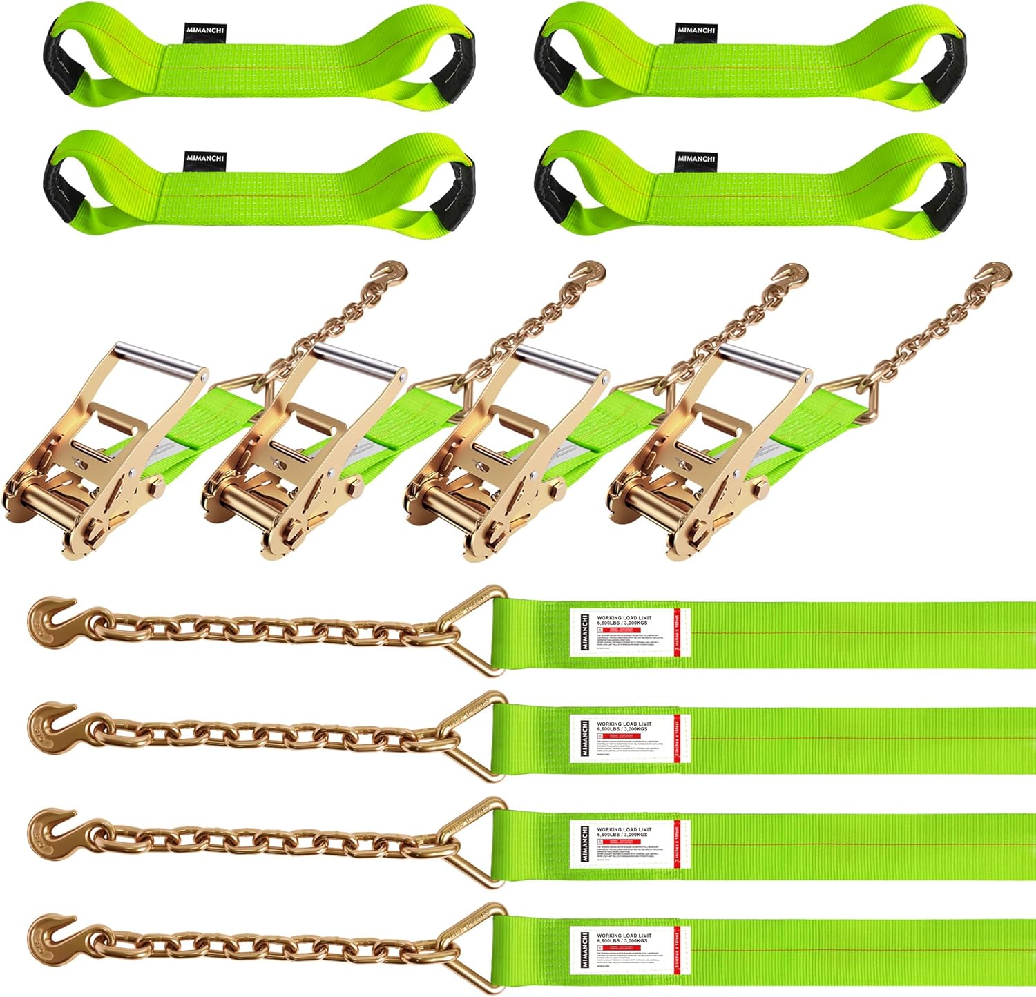 3 inch 8 Point Tie Down Kit with Chain & Grab Hooks, Heavy Duty Roll Back Tow Strap Kit, 6600 lb WLL, Vehicles Tie Down Kit for Car Hauler Carrier Tow Truck