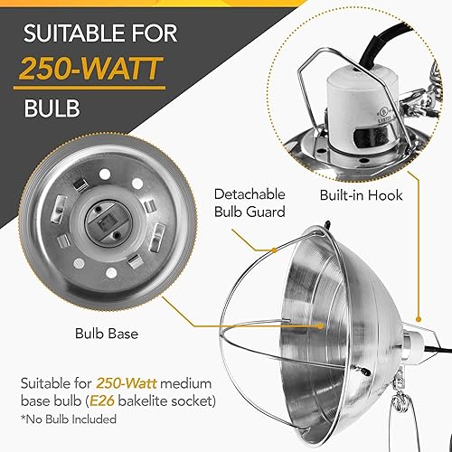 Miniatura 4 de Simple Deluxe Lámpara de abrazadera ajustable con reflector de aluminio de 10.5 pulgadas y protector de bombilla, enchufe E26 de 250 W (bombilla no