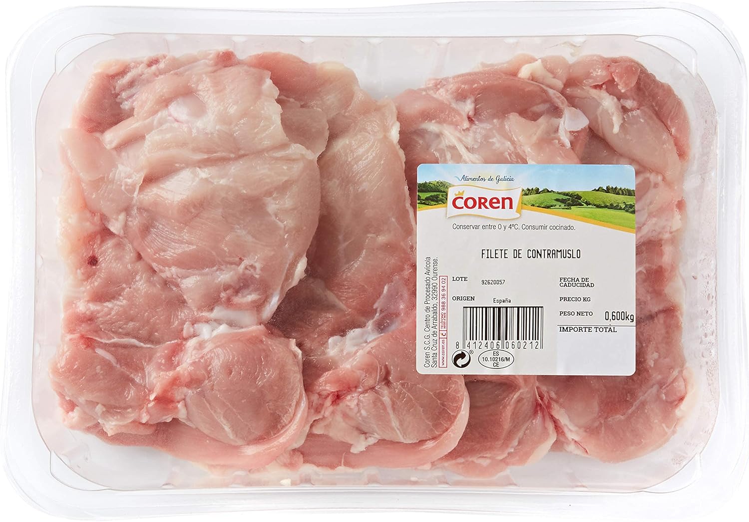Coren Filetes de Contramuslo de Pollo Blanco sin Piel, 595g