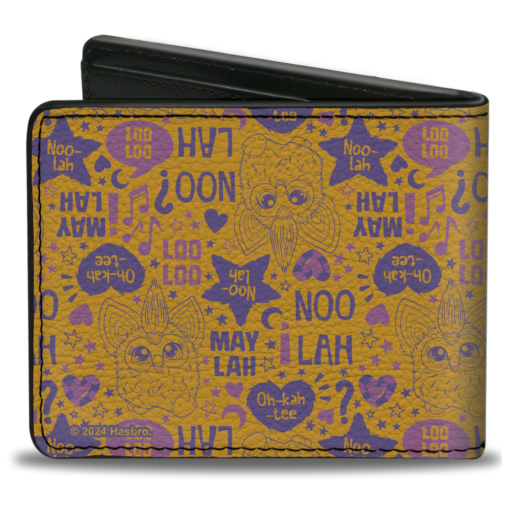 Furby Wallet, Bifold, Furby Furbish Phrases and Icons Orange Pink Purple, Vegan Leather
