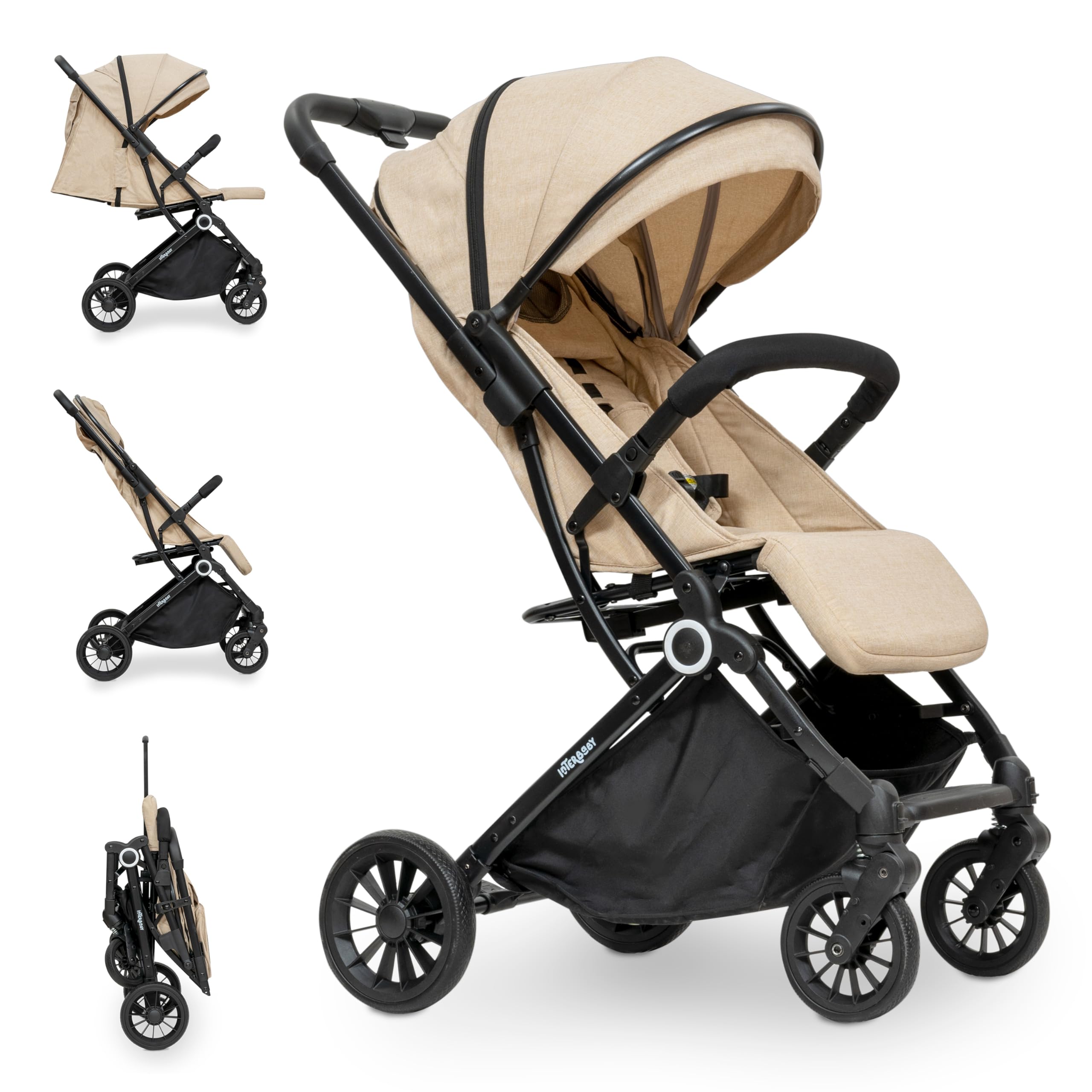 Interbaby - Poussette Canne Voyage | Poussette Compacte de la Naissance à 48 Mois ou 22 kg | Bouton de Pliage Rapide, Amortisseurs, Capote XXL Interchangeable, Accoudoirs | Poussette Beige