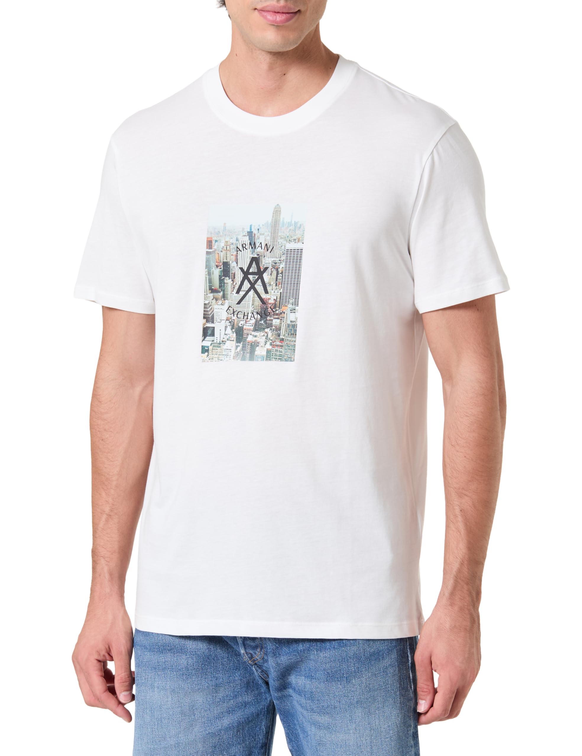 Armani Exchange Men's One Block Up, Front Logo with Rubbed Photo Print T-Shirt, White, L