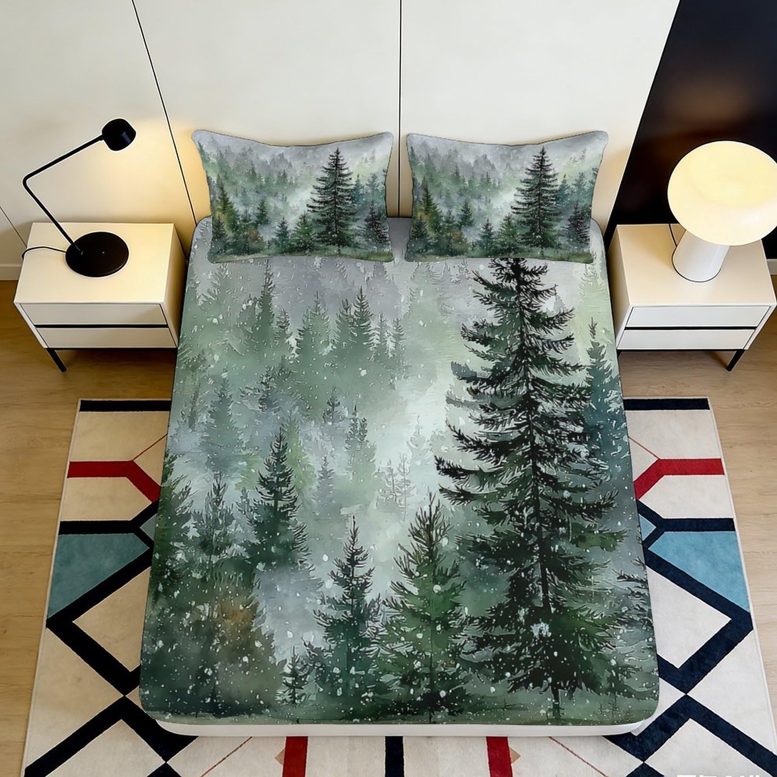 3D Printed Misty Pine Forest Fitted Sheet Microfiber Soft Green Snow Mountain Mattress Cover for Bedroom Dorm Decor 200x200x25cm