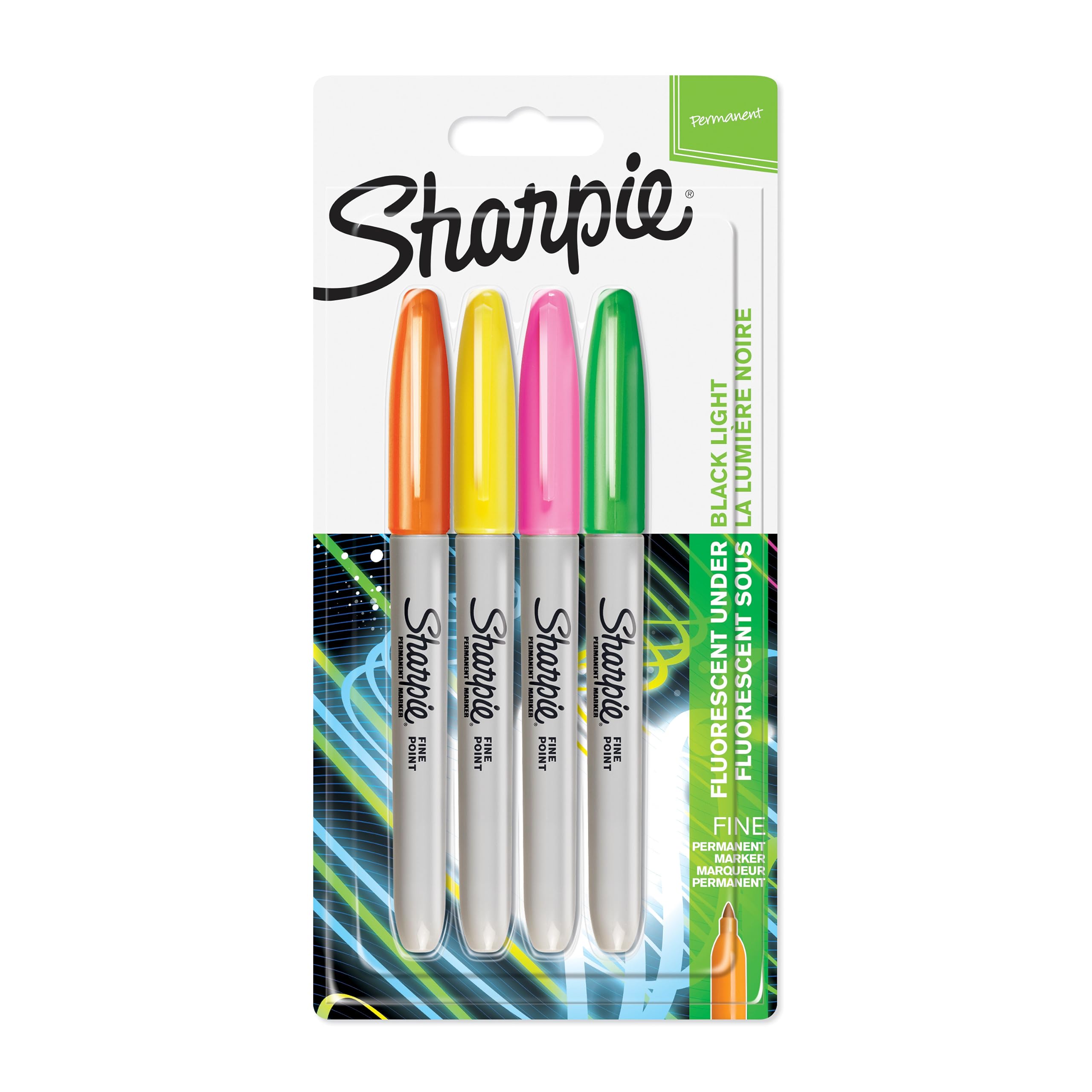 Sharpie rotuladores permanentes neon, punta fina, Colores de neón, paquete de 4 marcadores, material escolar ideal