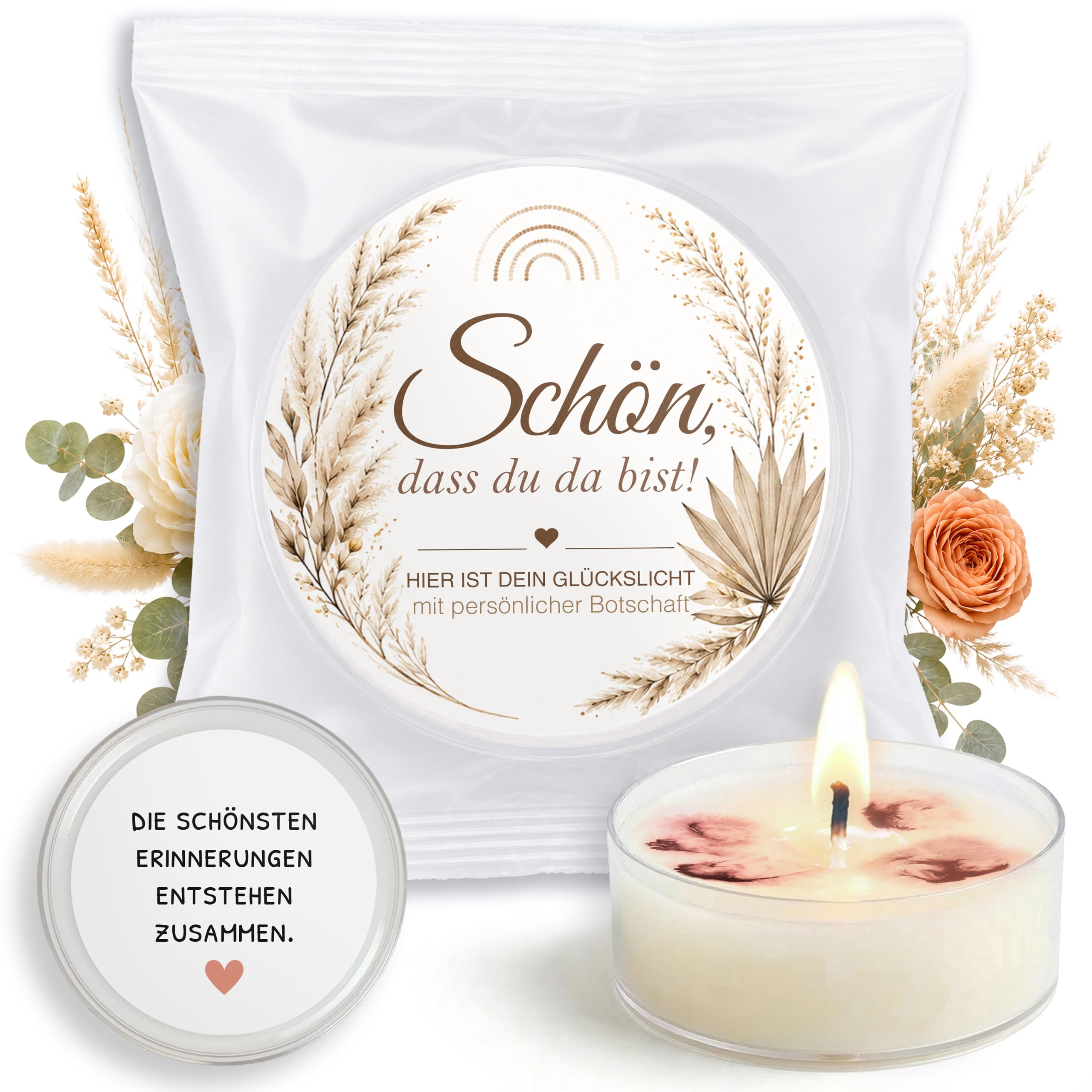 Gastgeschenke Hochzeit 36x Teelichter mit Spruch Schön dass du da bist | Boho Bohemian Stil, Hochzeit vegane Mitgebsel, Tischdeko, Gastgeschenk für Gäste, wie Glückskekse,handgemacht in Berlin
