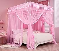 Mengersi Pink Princess Canopy Bed Curtains for Full Size Beds - 4 Corner Post Drape Netting for Girls Kids Bedroom Decor