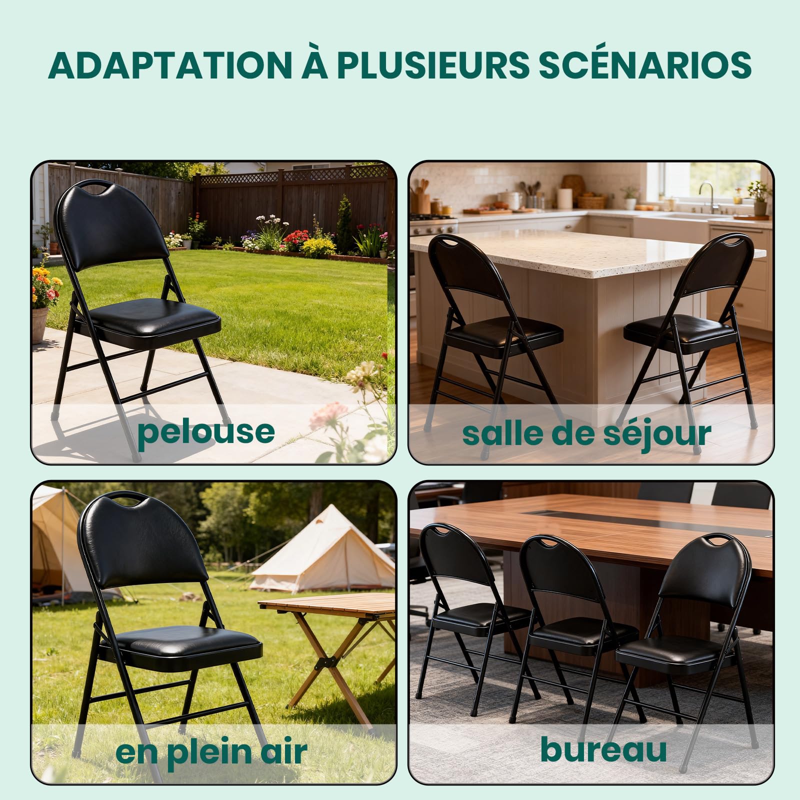 Chaise Pliante en Cuir PU Rembourrée avec Poignée, Siège Portable avec Coussin Épais et Cadre en Métal Solide, Confortable pour Maison, Bureau, Fêtes (4, Noir)