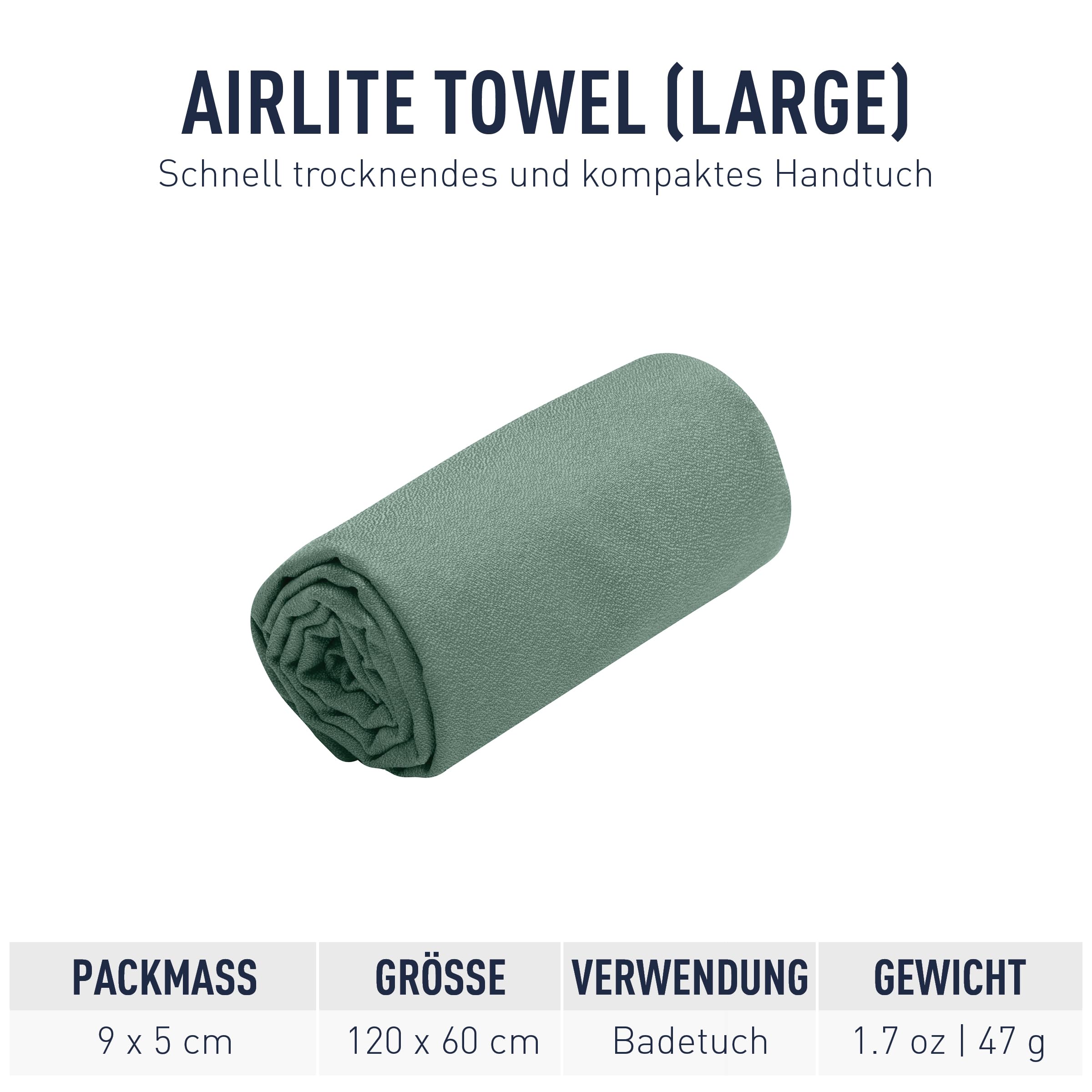 Sea to Summit - Airlite Towel Reisehandtuch L - Badetuch - Mikrofaser - Saugfähig & Schnelltrocknend - Ultraleicht - Kompakt - Wandern - 60 x 120cm - Sage Green - 67g