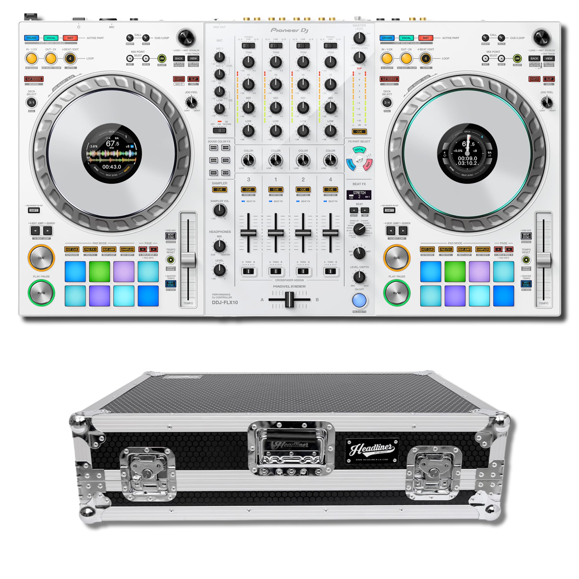 Pioneer DDJ-FLX10-W 4-Channel DJ Controller Bundle with Headliner HL10011 Rolling Flight Case and Laptop Platform — STEMS, DMX Lighting, Dual USB-C, rekordbox and Serato