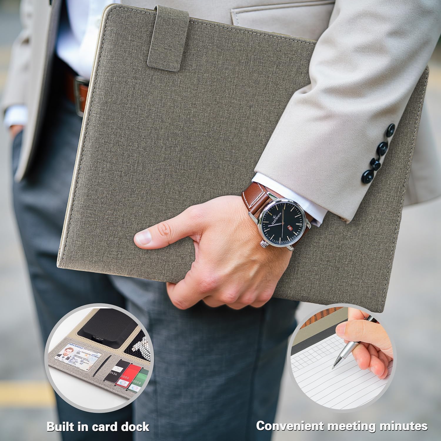 Gift for Men Portfolio Binder, Padfolio Folder All-in-One, Organizer Folder for Colleague Staff, with Card Slots, Writing Pad, Memo, Perfect for Men Christmas, Birthday, Anniversary, Fathers Day, Grey