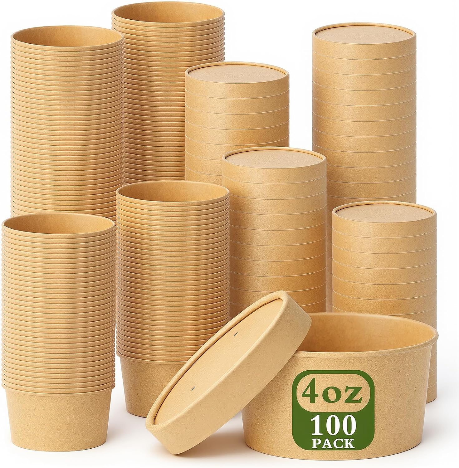 di qiu ren 4oz paper soup container cup with vented lids, disposable paper food container kraft dessert bowl soup bowls, microwavable and freezer safe for hot soup, ice cream (100 pcs - kraft, 4 oz) 100 pcs - kraft 4 oz