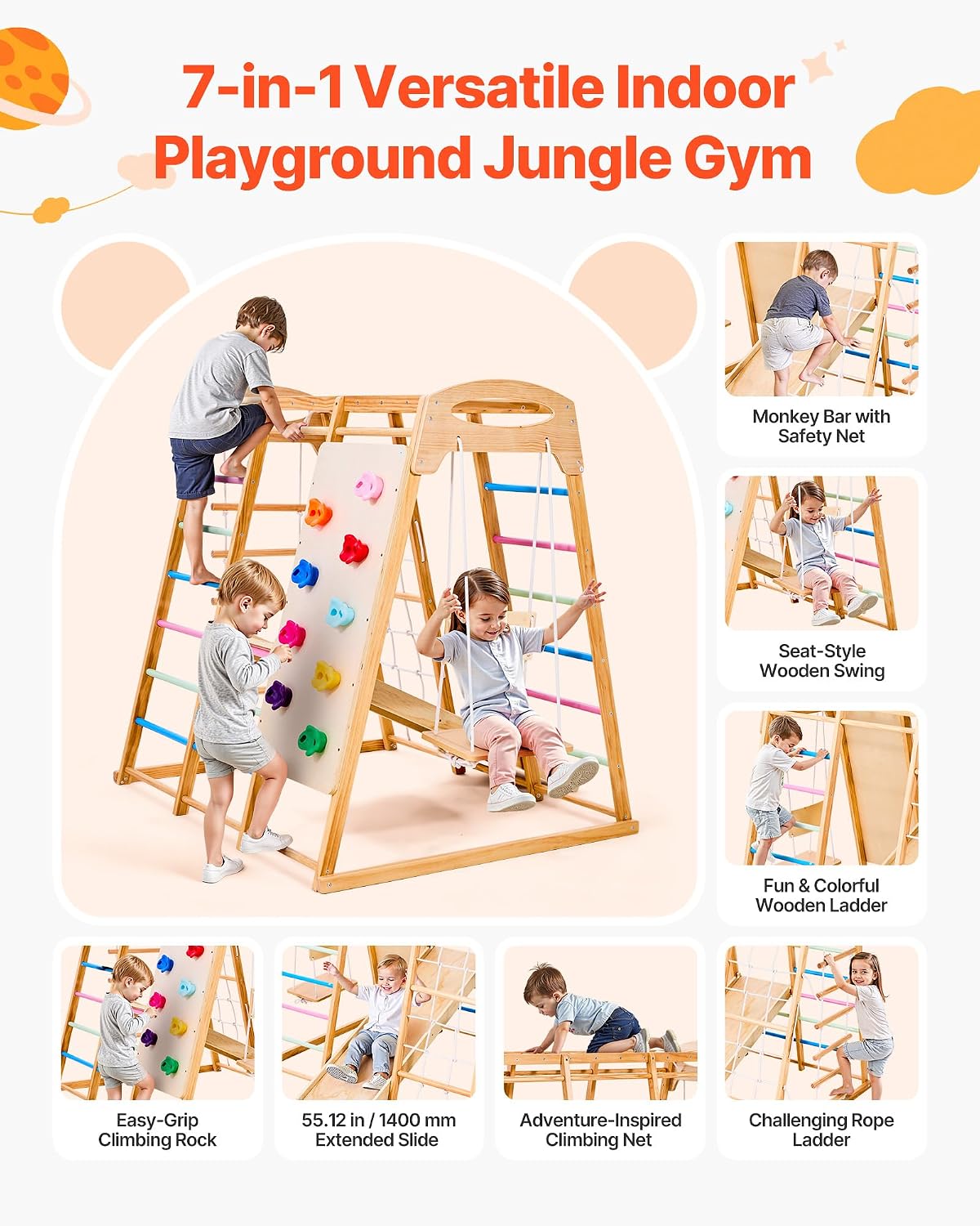 VEVOR Indoor Playground Jungle Gym, 7-in-1 Wooden Indoor Playground for Kids, 250LBS Montessori Climbing Toys Playset with Swing, Monkey Bar, Slide, Wooden Ladder, Rope Ladder, Climbing Net & Rock