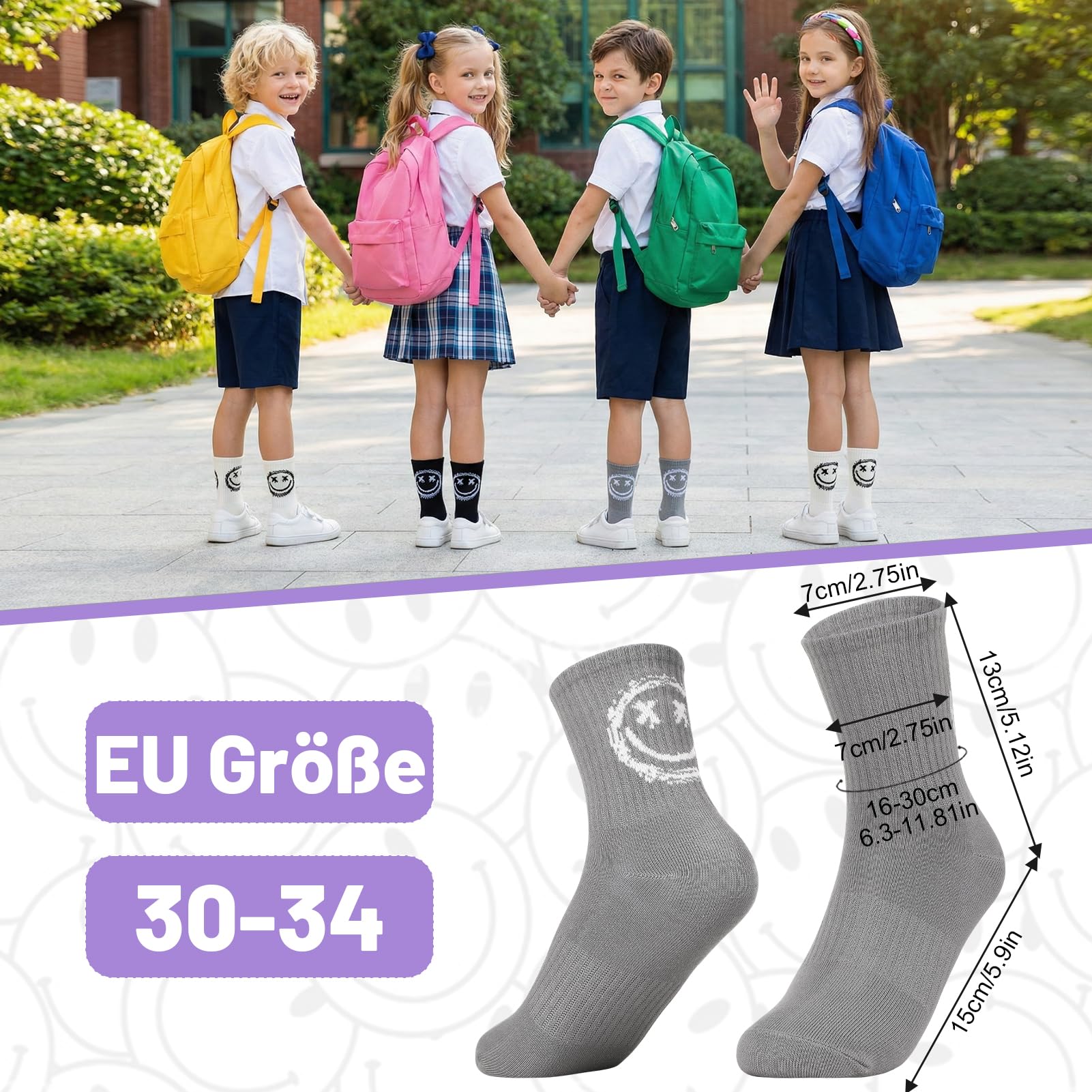 Utensilsto 3 paia di calzini ragazzi 30-34 calzini da tennis bambini calzini sportivi Smile calzini per bambini calzini in cotone per bambini calzini per ragazzi ragazze scuola vita quotidiana tempo