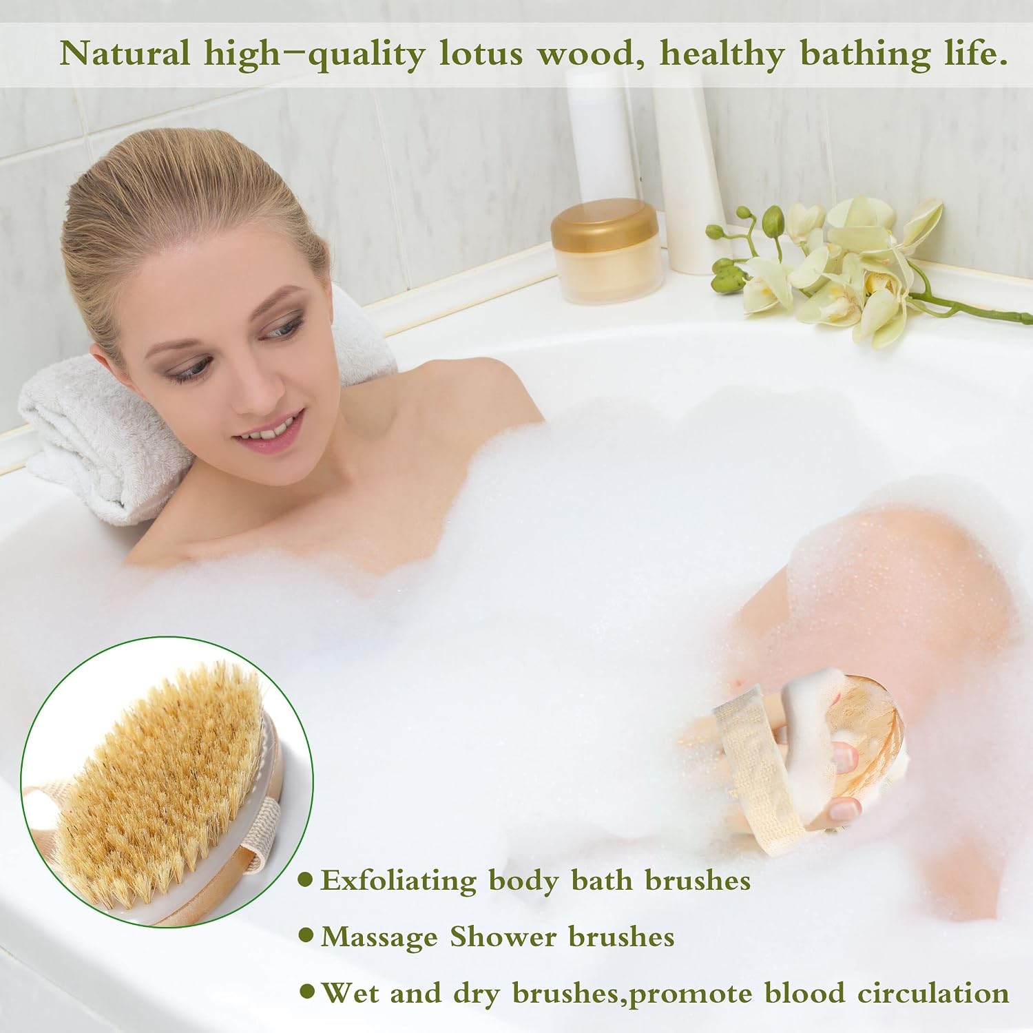 2 Pack Bath Brushes for Exfoliating and Cleaning,Oval Bamboo Brush,Natural Soft and Hard Boar Bristles,Suitable for Whole Body Massage to Promote Blood Circulation.(Dry or Wet Brushing)
