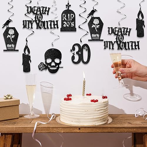 Miniatura 7 de Fuutreo 36 decoraciones de Death to My 20 para cumpleaños de 30 años, diseño de remolinos colgantes de treinta cumpleaños, decoración gótica,