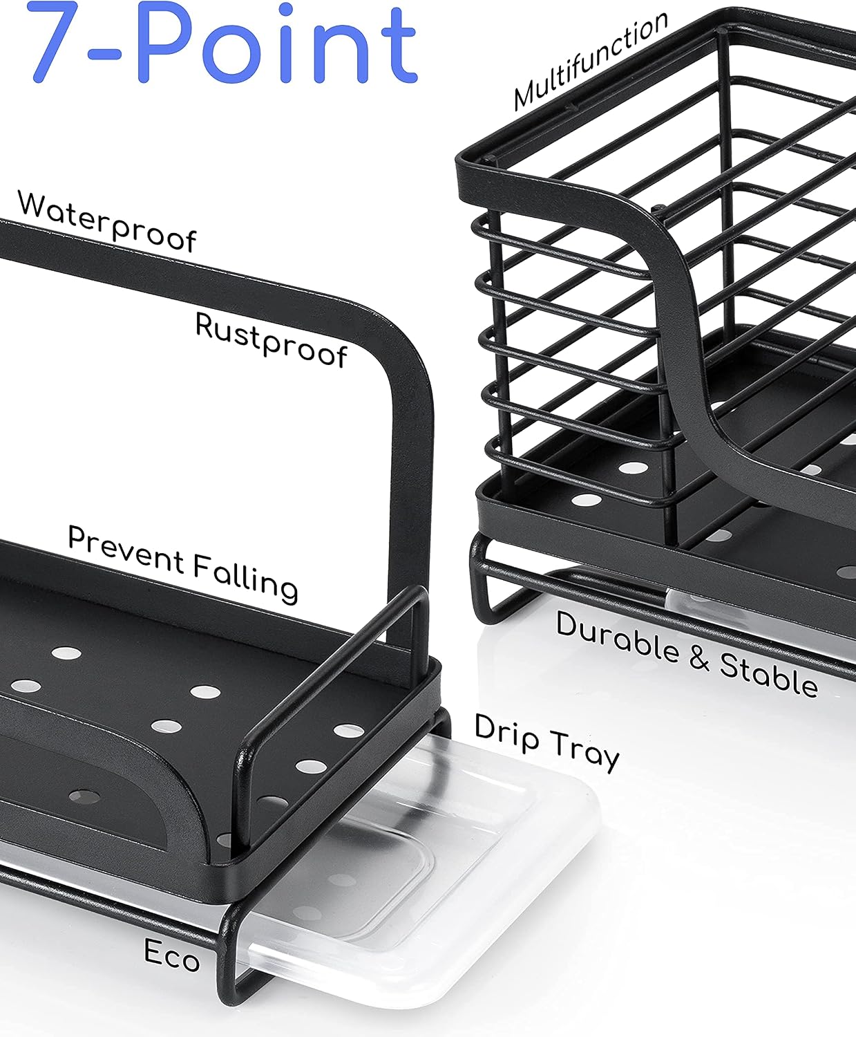ODesign Kitchen Sink Organizer Sponge Brush Holder with Drain Pan Tray Sink Caddy Countertop Stainless Steel Rustproof - Black