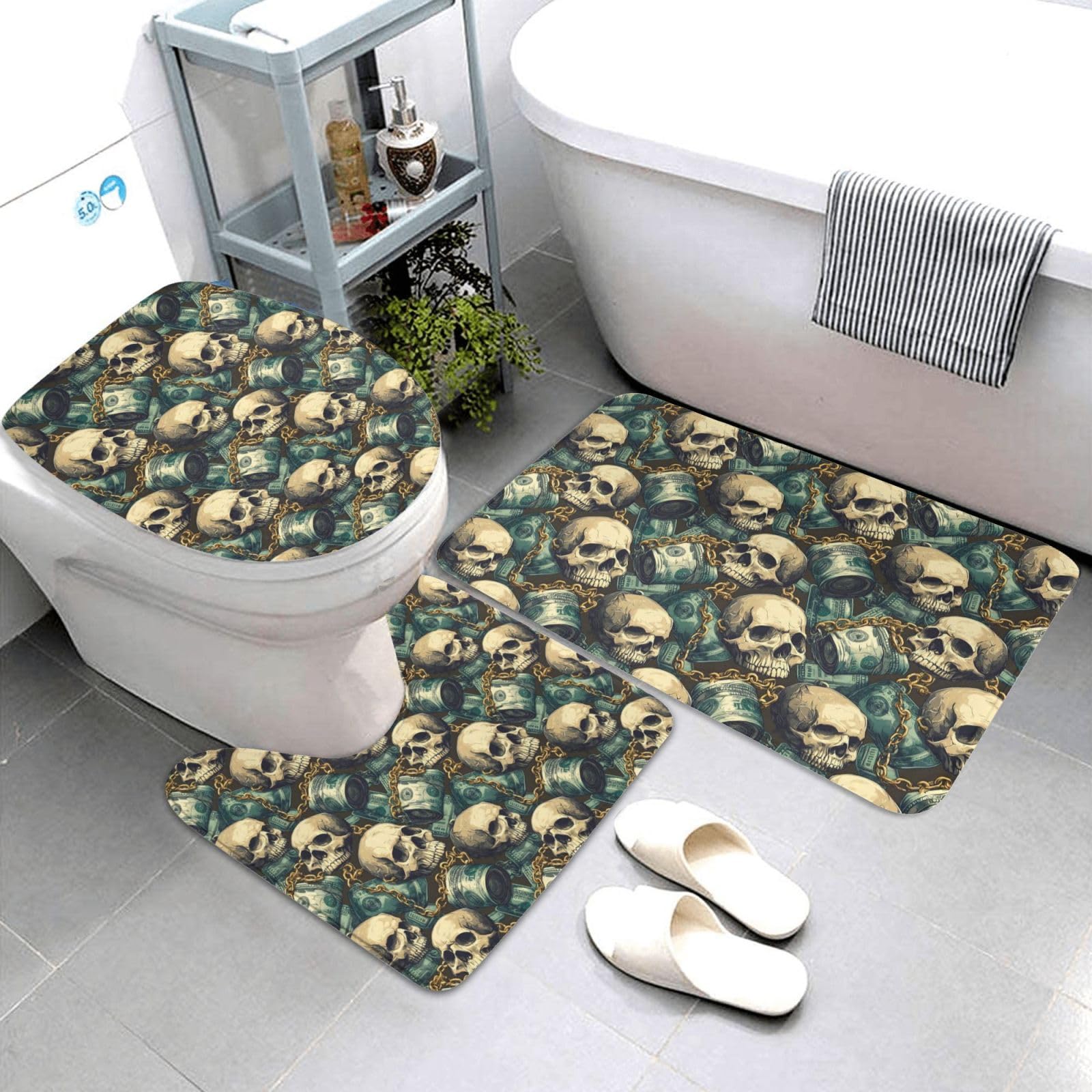 Tapis de salle de bain tête de mort et chaîne dorée | Lot de 3 lavables