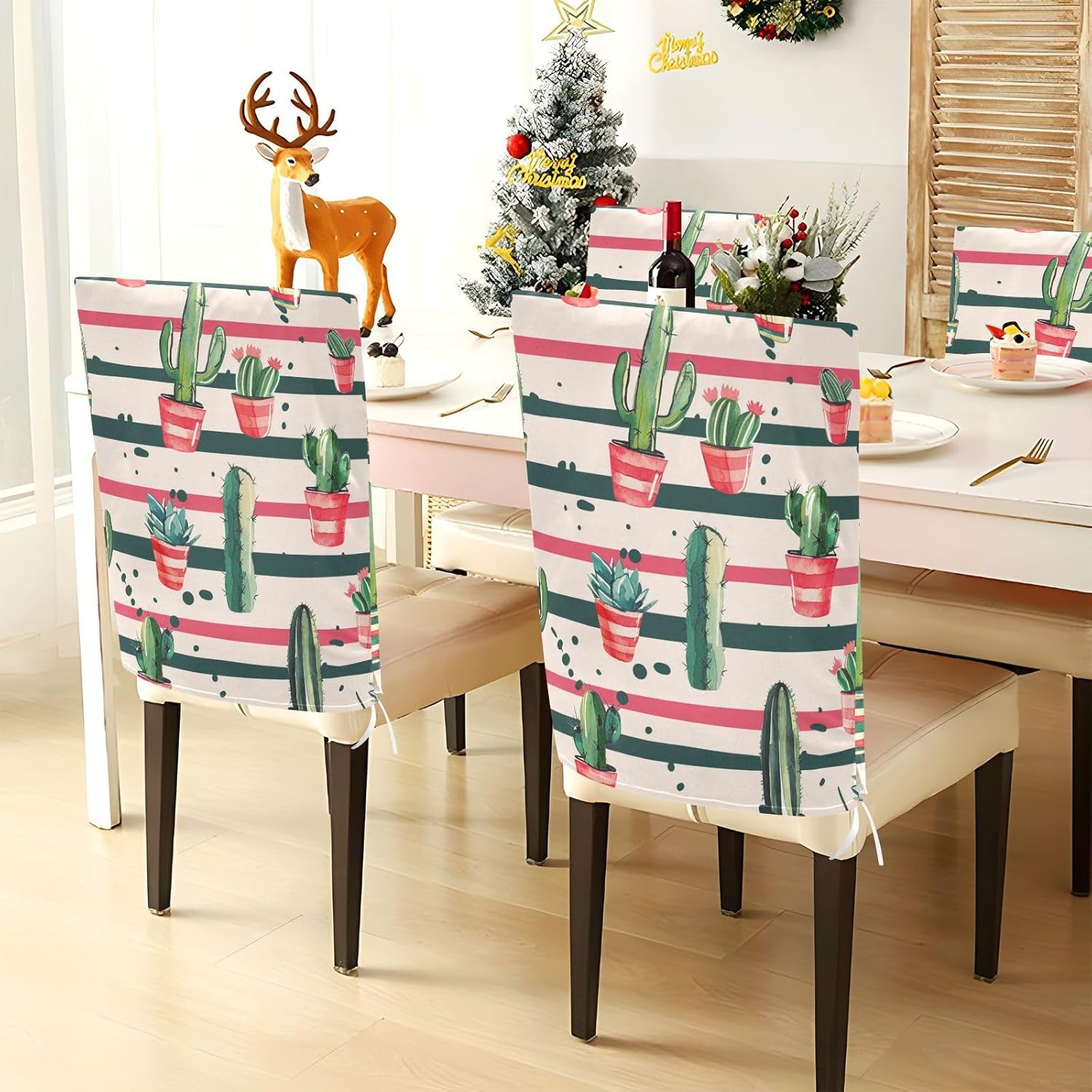 ALAZA Cactus Colorful Stripes Chair Back Cover Set of 6, Washable Reusable Removable Chair Slipcovers Decorative Chair Cover for Home Kitchen Wedding Party