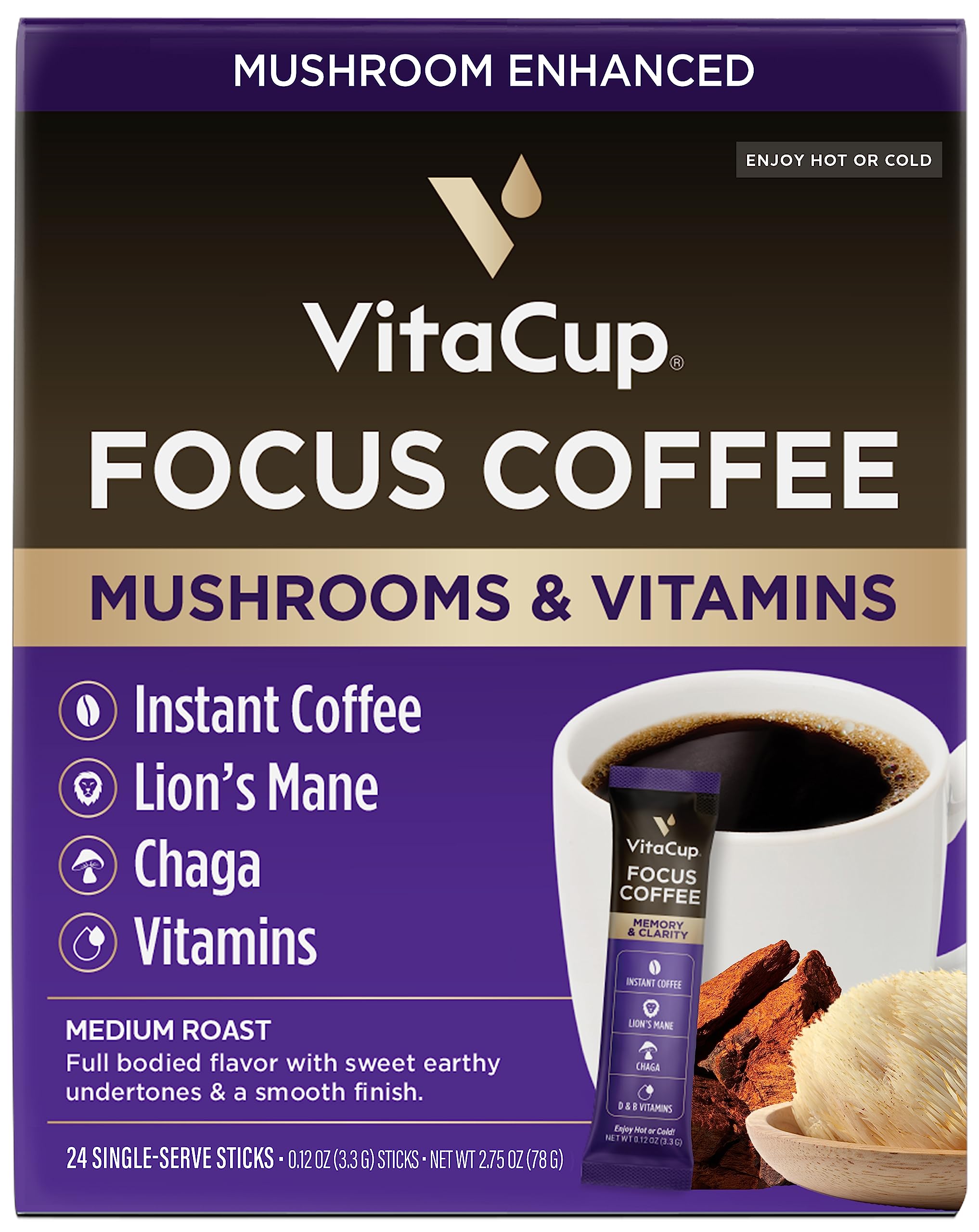 VitaCup Focus Mushroom Coffee Instant Packets, for Memory & Clarity Support, w/Fiber, Chaga, Lion’s Mane, D3, B Vitamins, Medium Roast, 100% Arabica & Robusta Coffee in Single Serve Sticks, 24 Ct